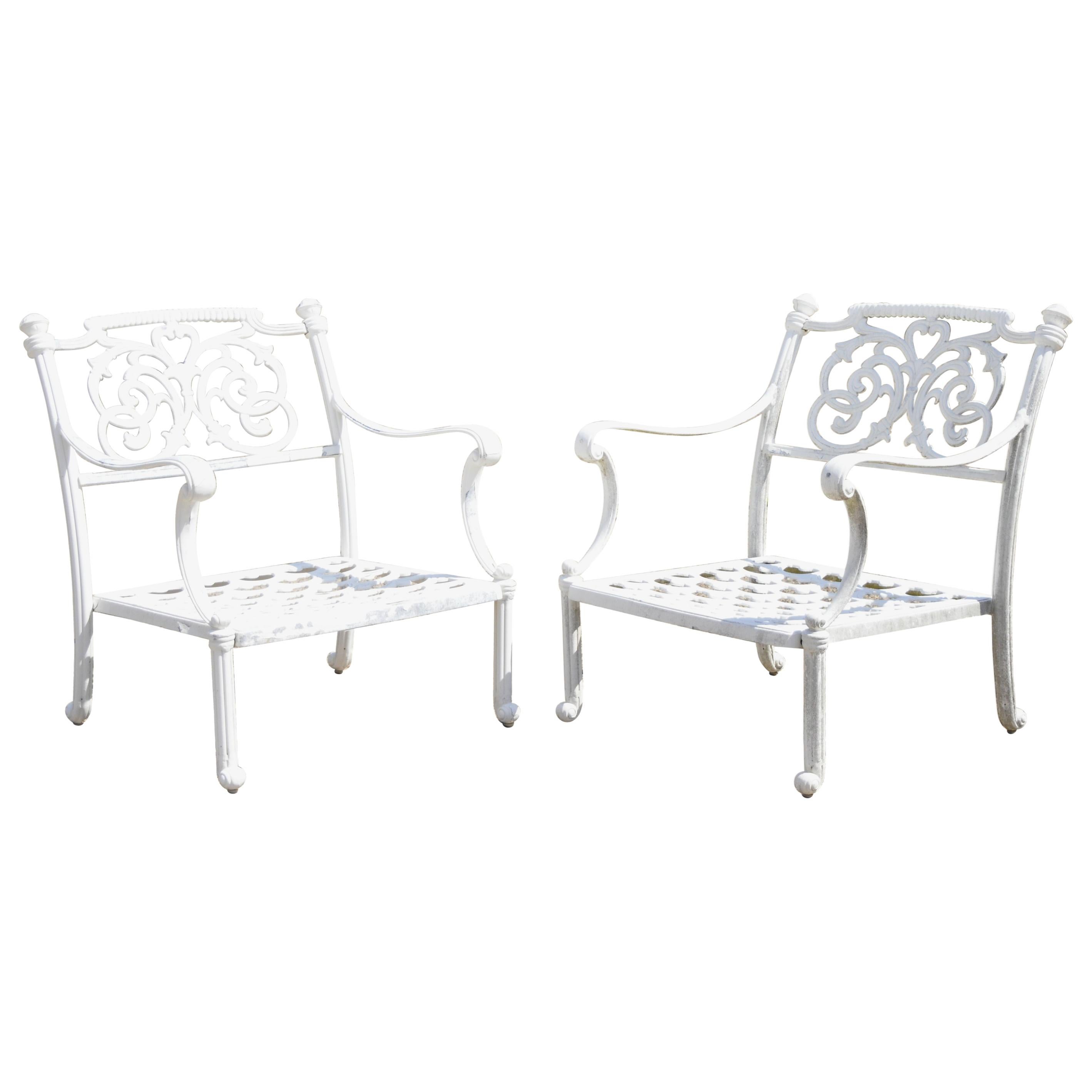 Italian Regency Scrollwork Aluminum Garden Patio Club Lounge Arm Chairs, a Pair For Sale