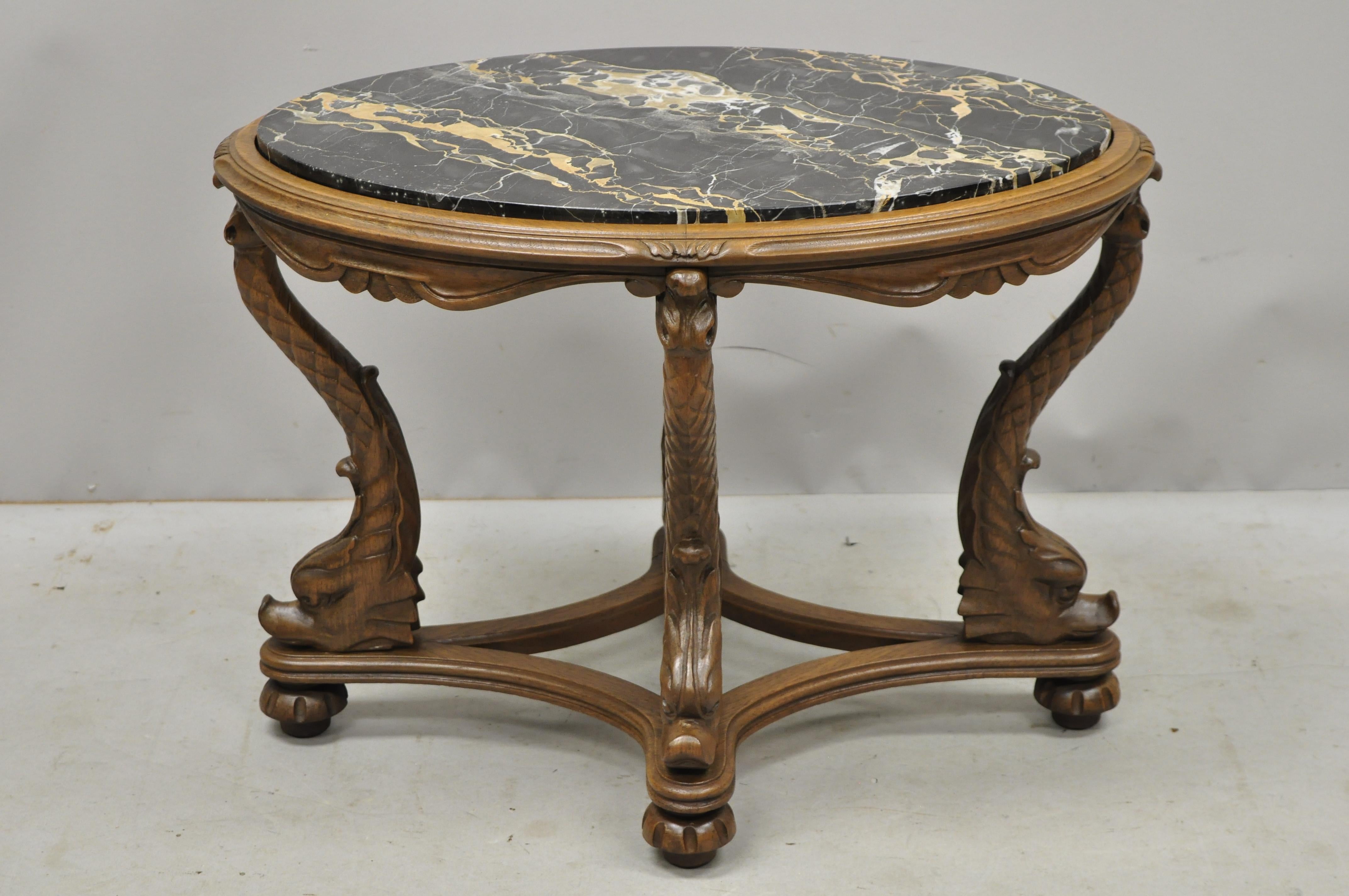 Antique Italian Regency serpent carved pedestal marble-top small coffee side table. Item features inset marble top, full serpent carved supports, oval form, nice smaller size, very nice antique item, great style and form, circa early to mid-20th