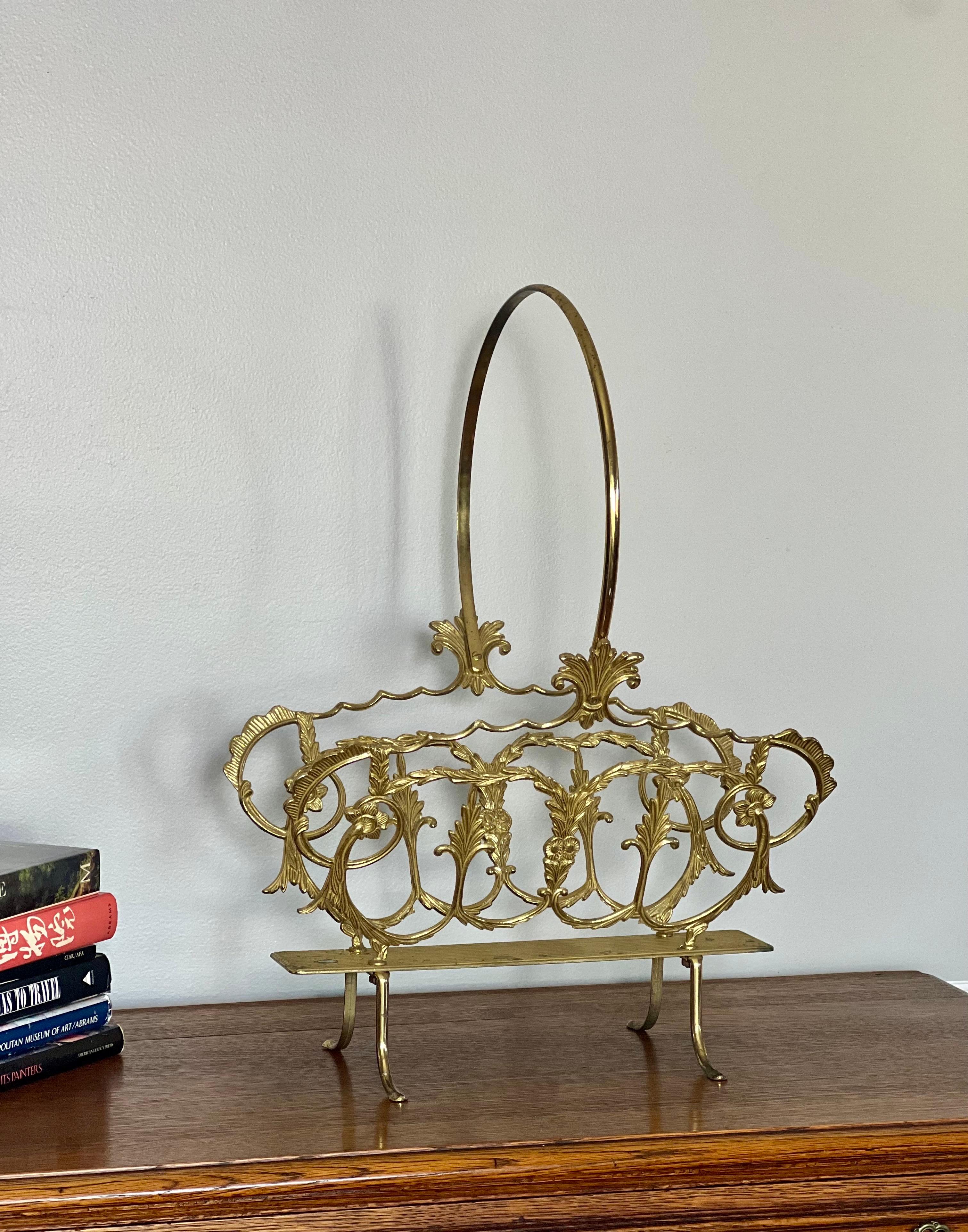 Italian Regency Solid Brass Magazine, Log or Book Basket Holder, 1950s For Sale 5