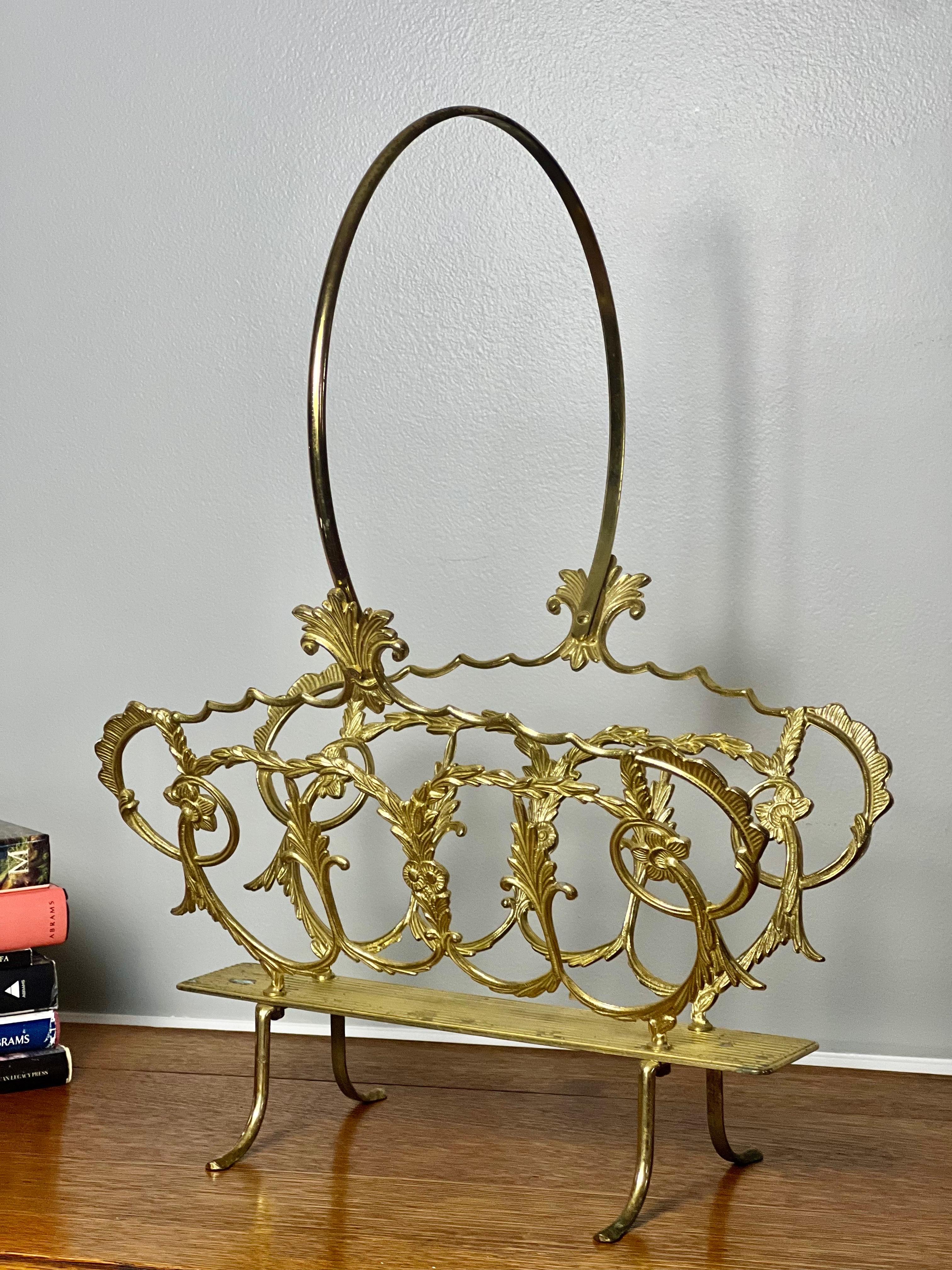 Hollywood Regency Italian Regency Solid Brass Magazine, Log or Book Basket Holder, 1950s For Sale