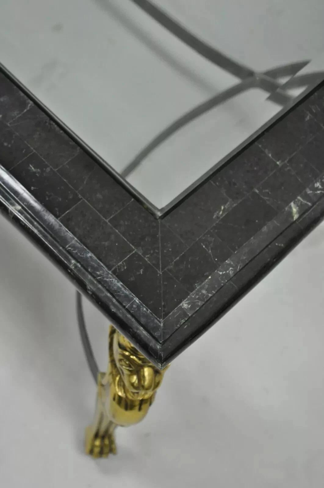 Mesa de centro de acero con tapa de cristal e incrustaciones de mármol de león de estilo regencia italiano en venta 3