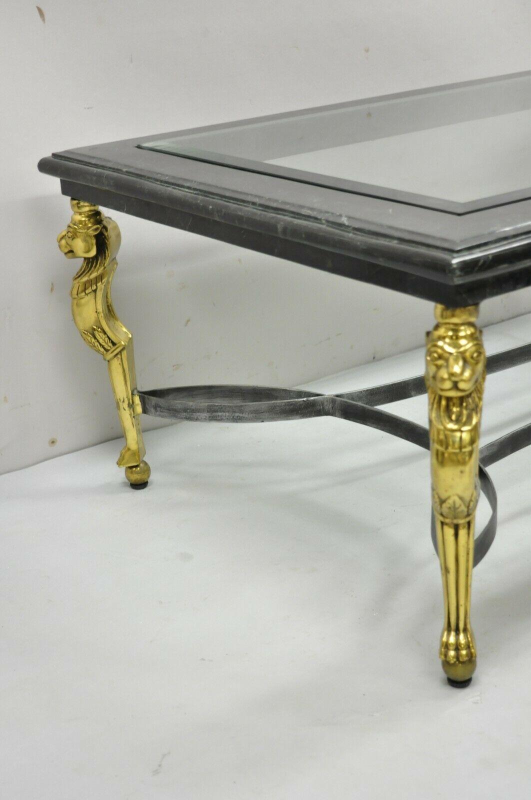 Italian Regency Style Brass Lion Marble Inlay Glass Top Steel Coffee Table For Sale 4