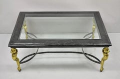 Italian Regency Style Brass Lion Marble Inlay Glass Top Steel Coffee Table