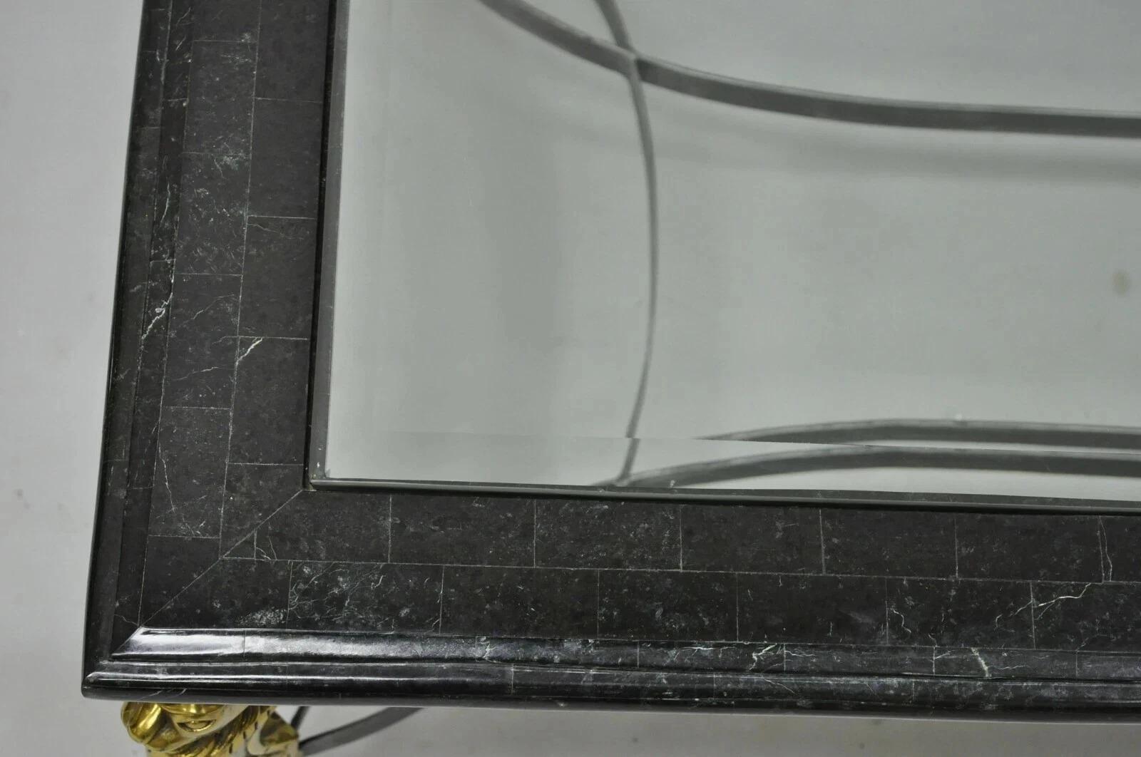 Mesa de centro de acero con tapa de cristal e incrustaciones de mármol de león de estilo regencia italiano Desconocido en venta