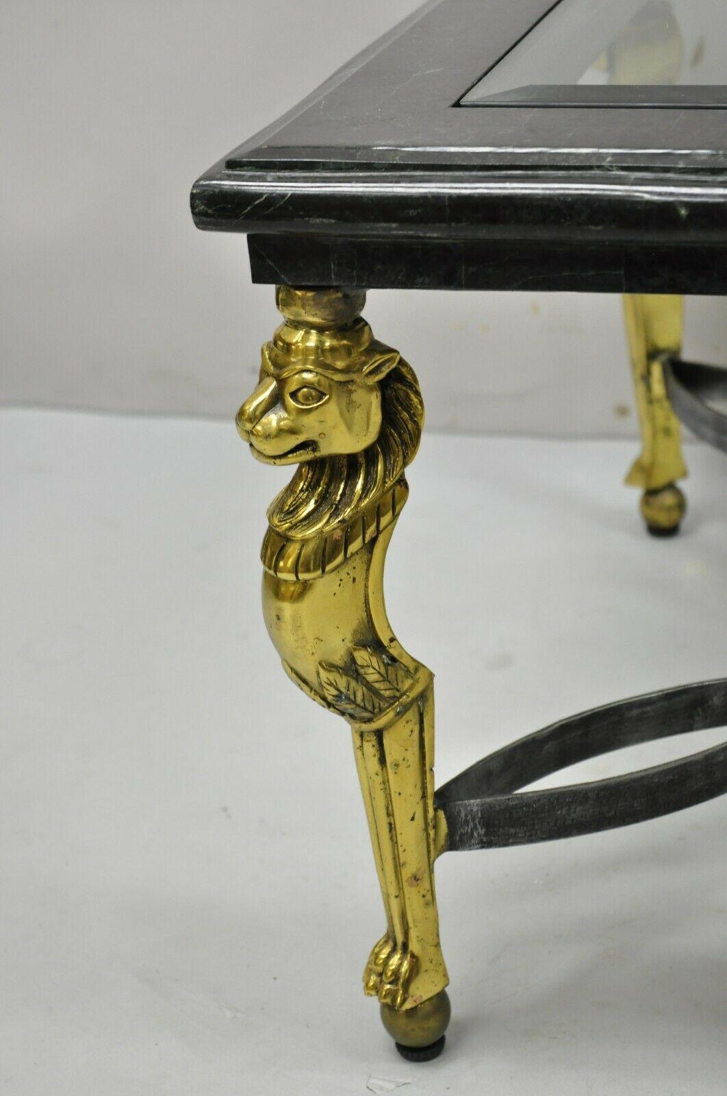 20th Century Italian Regency Style Brass Lion Marble Inlay Glass Top Steel Coffee Table For Sale