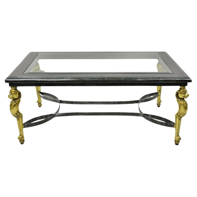 Italian Regency Style Brass Lion Marble Inlay Glass Top Steel 