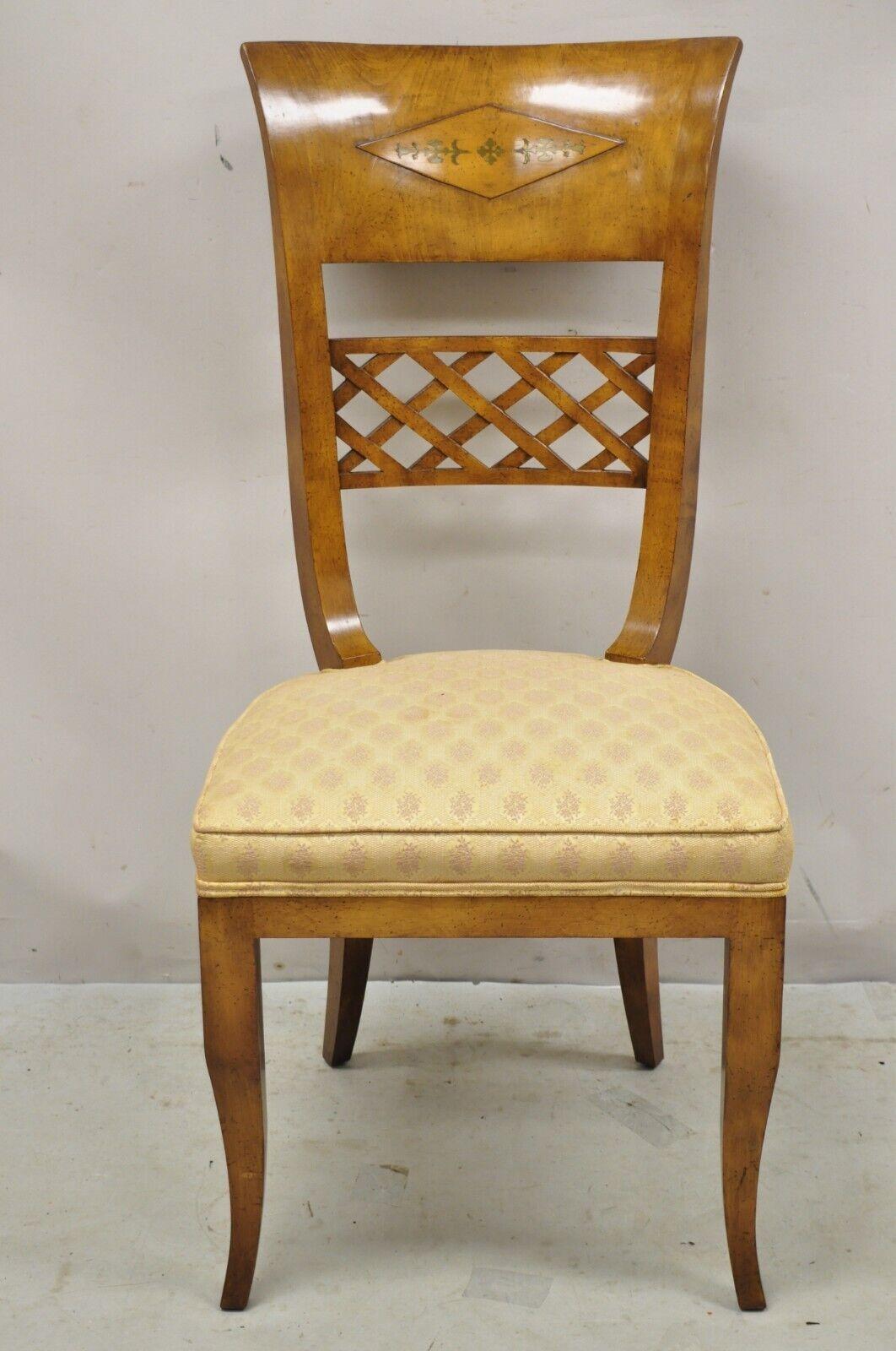 20th Century Italian Regency Style Burlwood Brass Inlay Tall Back Dining Chairs - Set of 4 For Sale