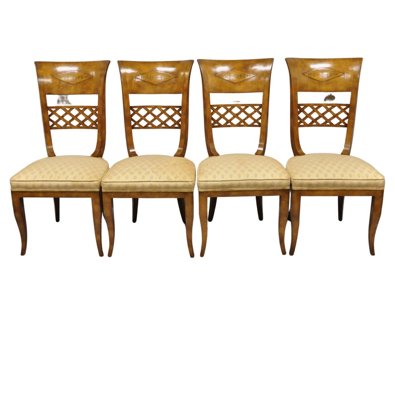 Italian Regency Style Burlwood Brass Inlay Tall Back Dining Chairs - Set of 4 For Sale