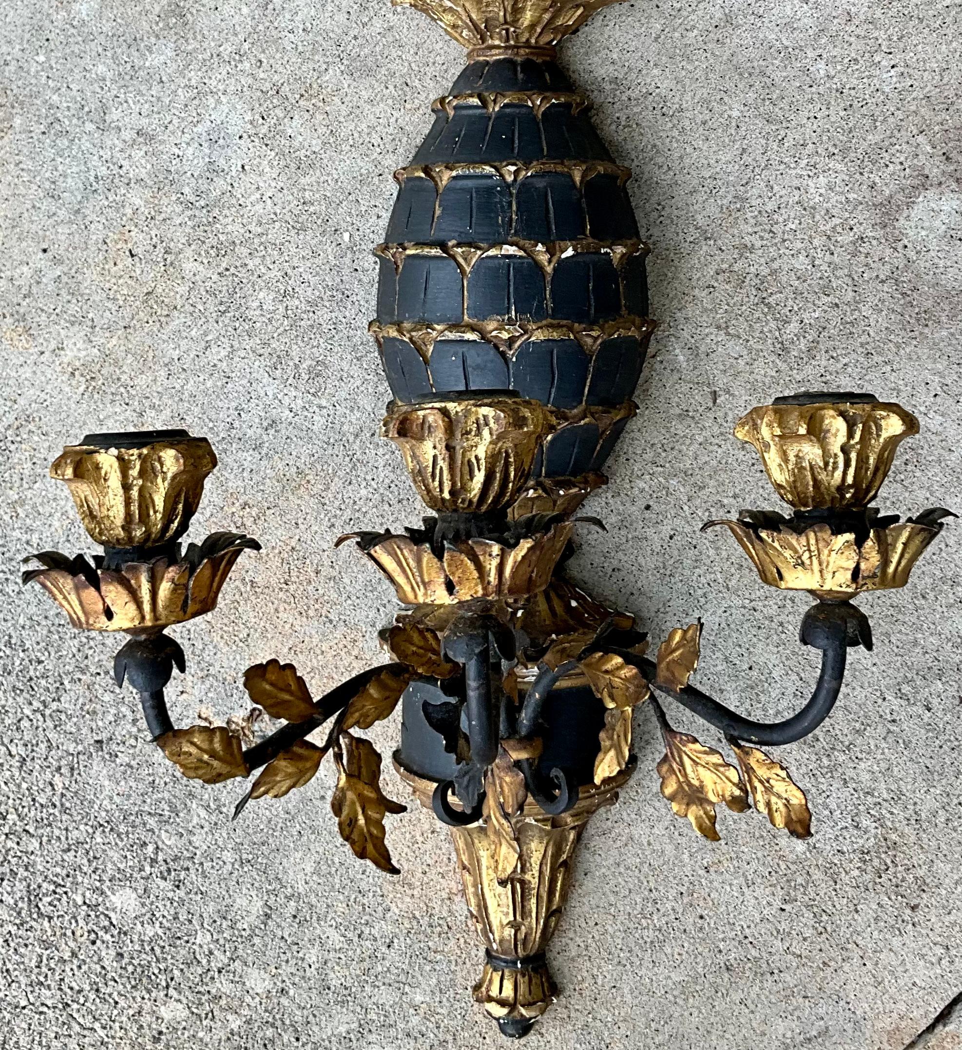 20th Century Italian Regency Style Carved Giltwood Pineapple & Gilt Metal Tole Sconces -Pair For Sale