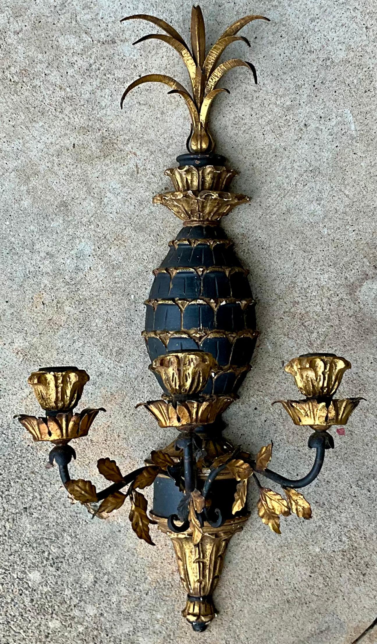 Italian Regency Style Carved Giltwood Pineapple & Gilt Metal Tole Sconces -Pair For Sale 1
