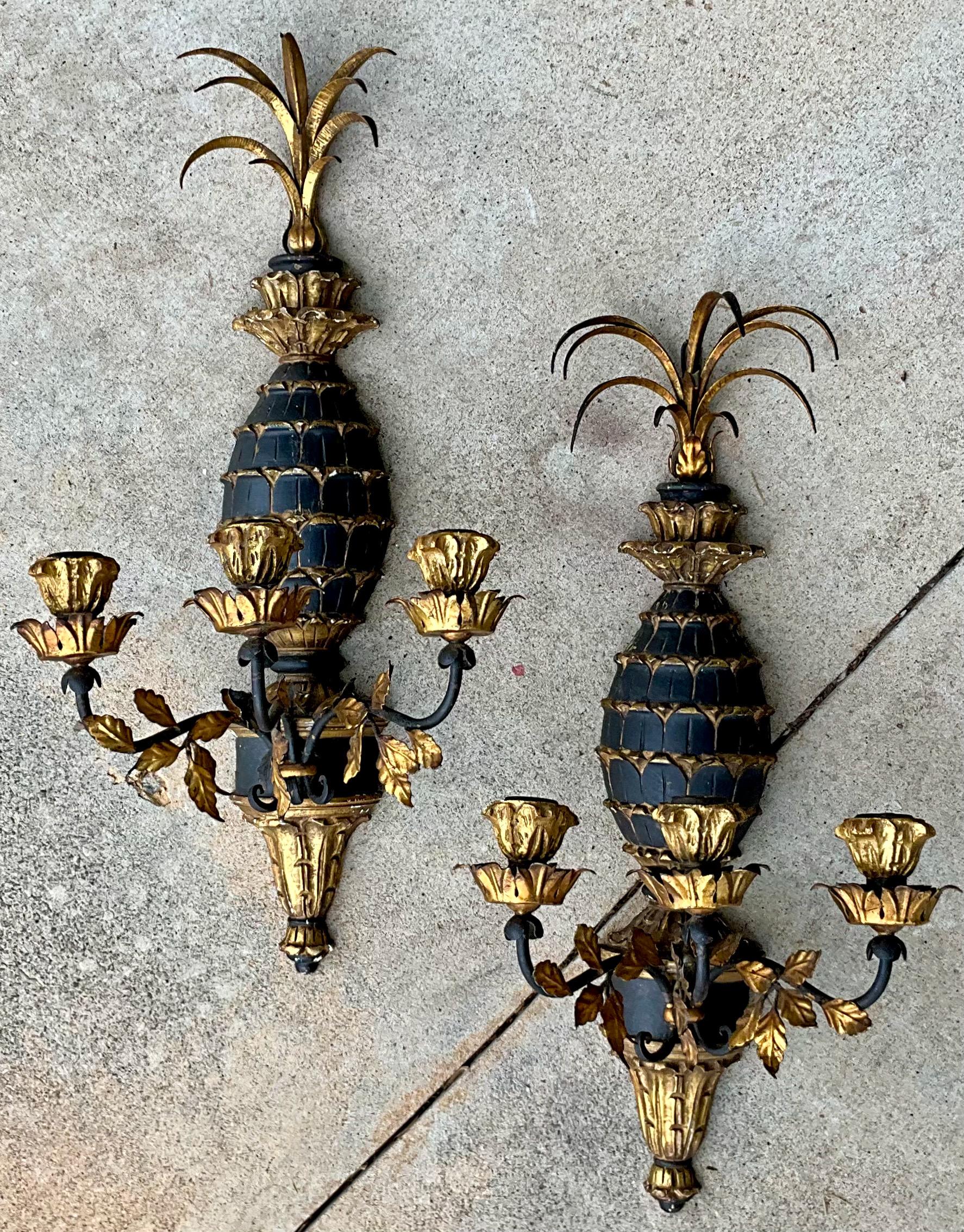 Italian Regency Style Carved Giltwood Pineapple & Gilt Metal Tole Sconces -Pair For Sale 3