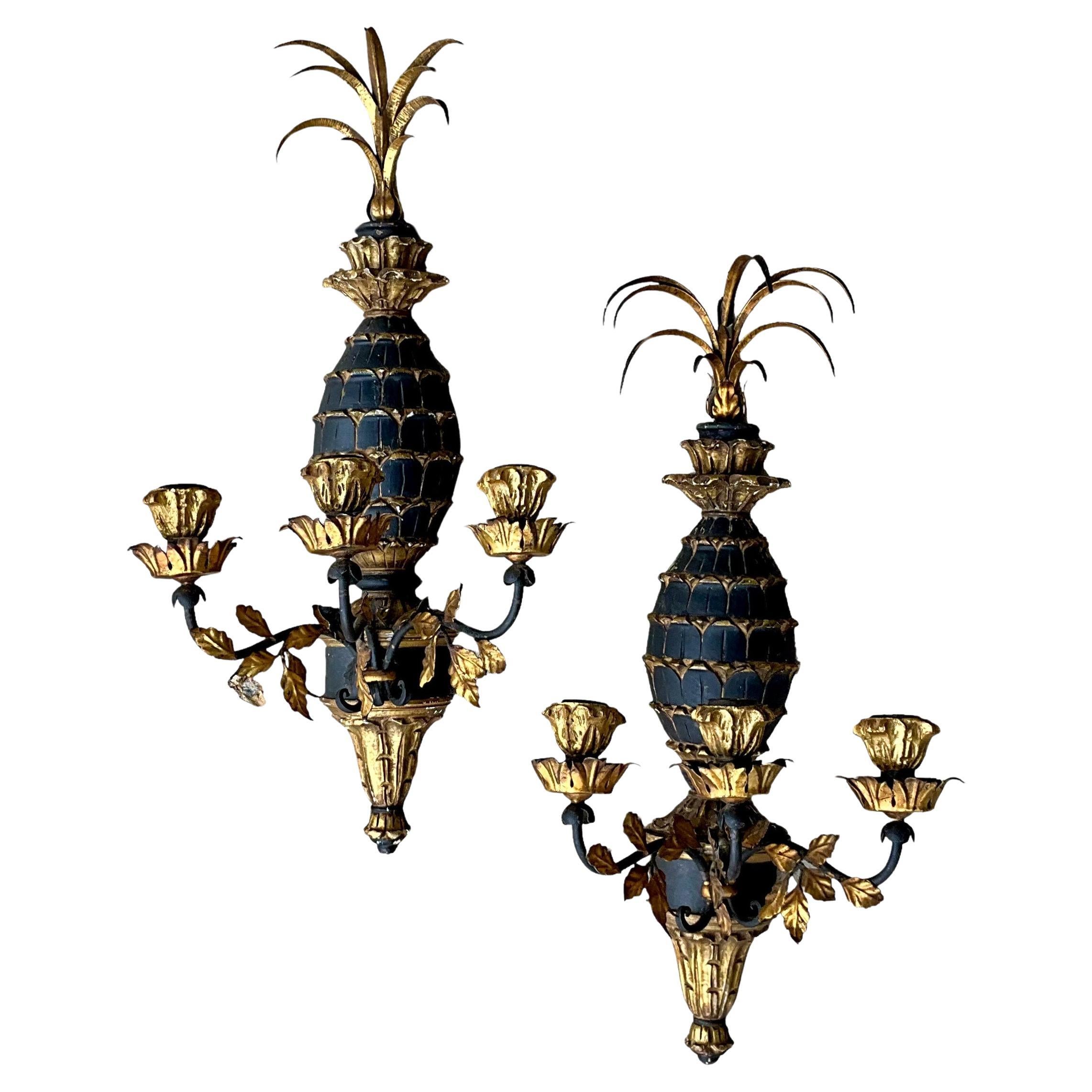 Italian Regency Style Carved Giltwood Pineapple & Gilt Metal Tole Sconces -Pair For Sale