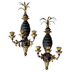 Retro Italian Regency Style Carved Giltwood Pineapple & Gilt Metal Tole Sconces -Pair