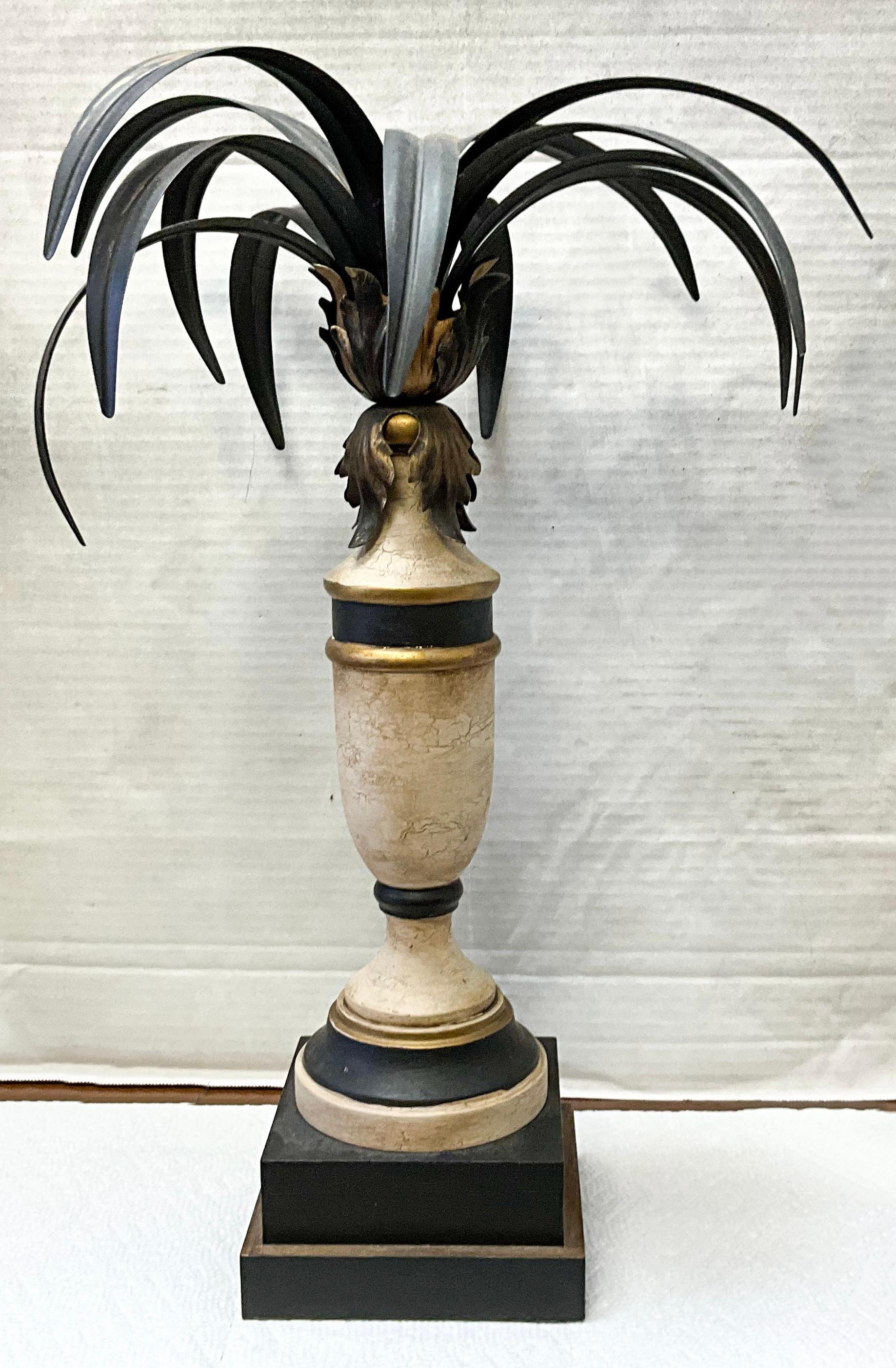20th Century Italian Regency Style Carved Wood Candlesticks With Tole Palm Fronds - Pair  For Sale
