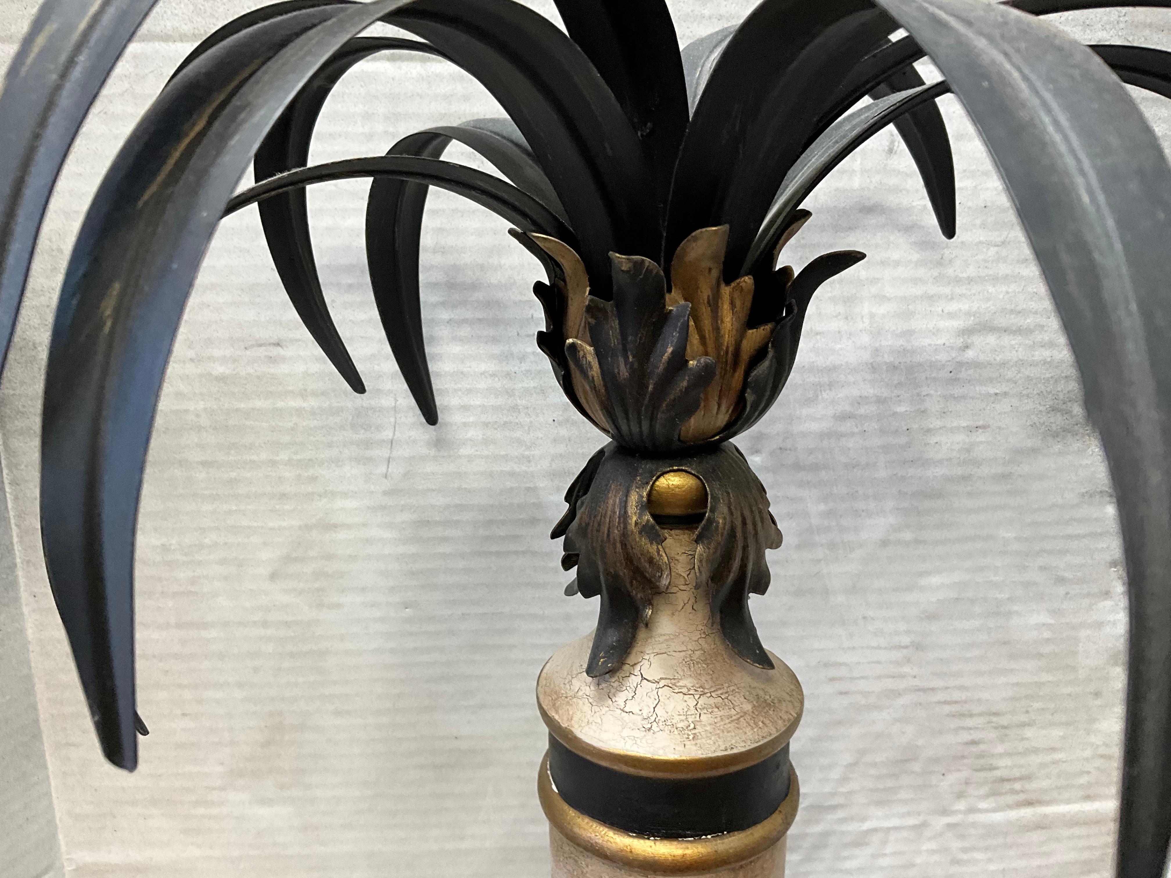 Metal Italian Regency Style Carved Wood Candlesticks With Tole Palm Fronds - Pair  For Sale