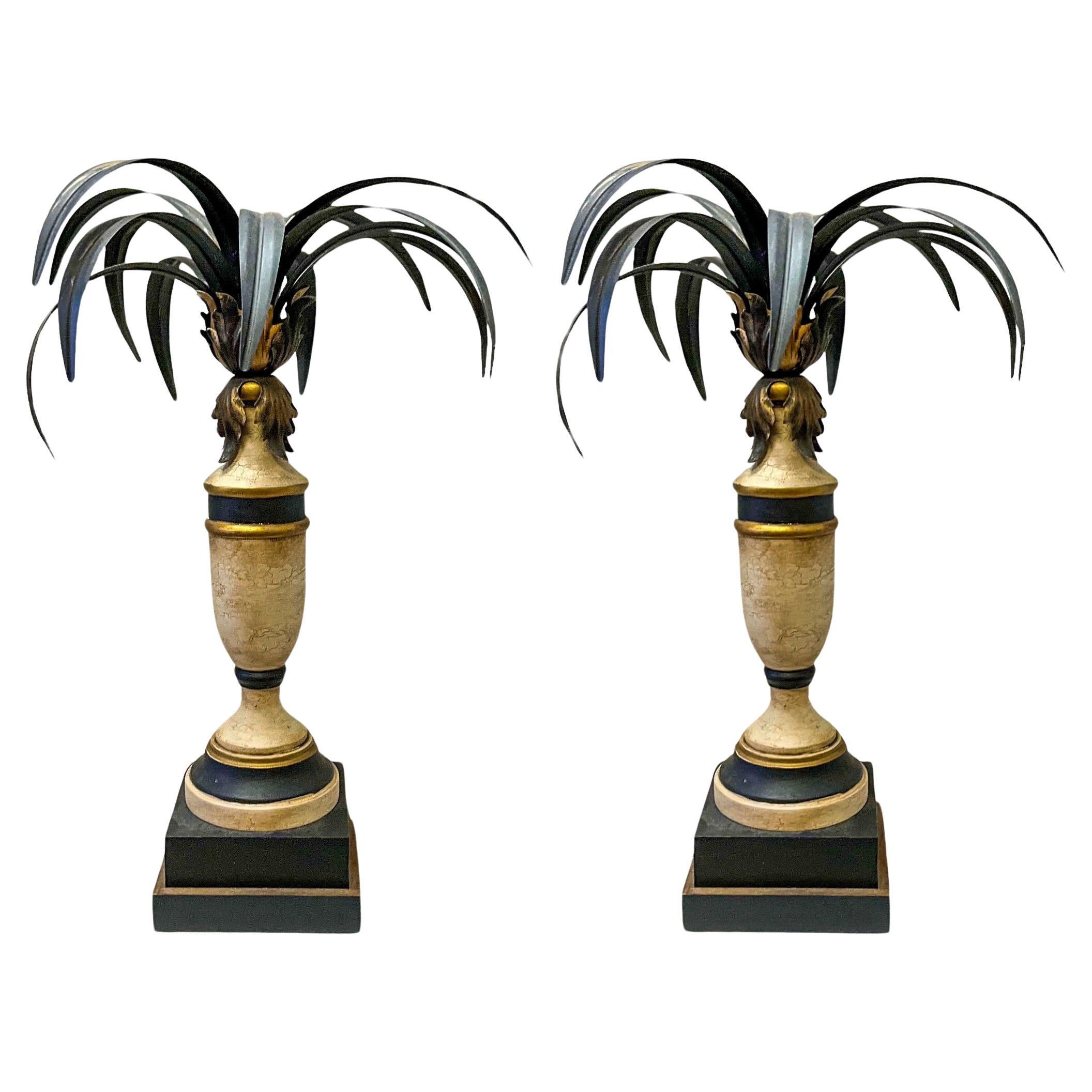 Italian Regency Style Carved Wood Candlesticks With Tole Palm Fronds - Pair  For Sale