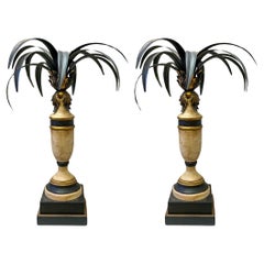 Vintage Italian Regency Style Carved Wood Candlesticks With Tole Palm Fronds - Pair 