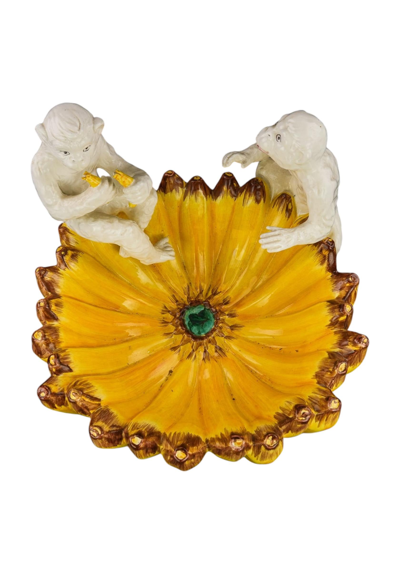 I always love this bowl! This is a regency style Italian Chelsea House banana form bowl with two playful blanc de chine style monkeys attached. It was part of their Port Royal Collection. It is signed and in very good condition. 