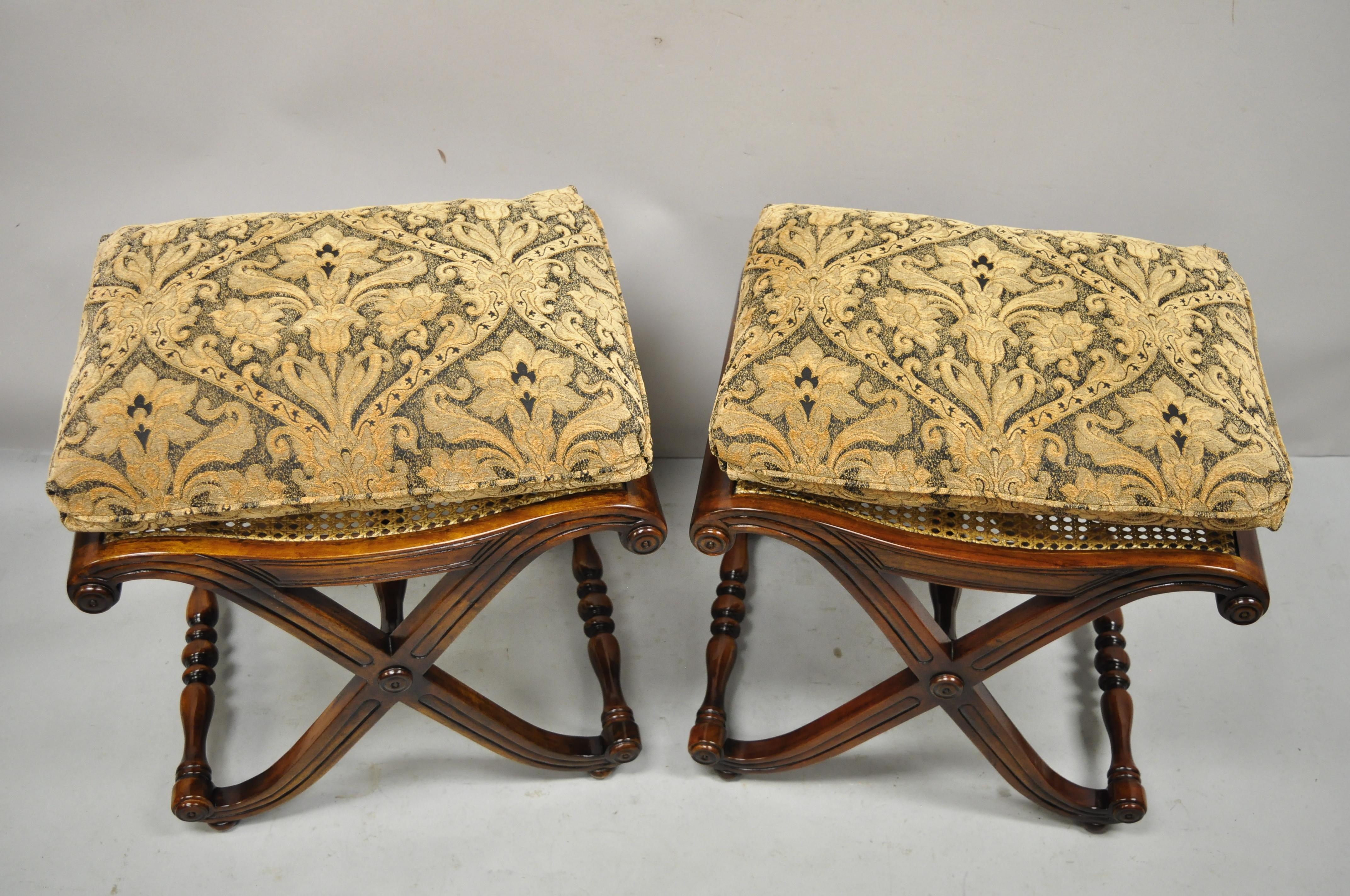 Italian Regency Style Mahogany Cane Curule X-Frame Stools with Cushions, a Pair 7