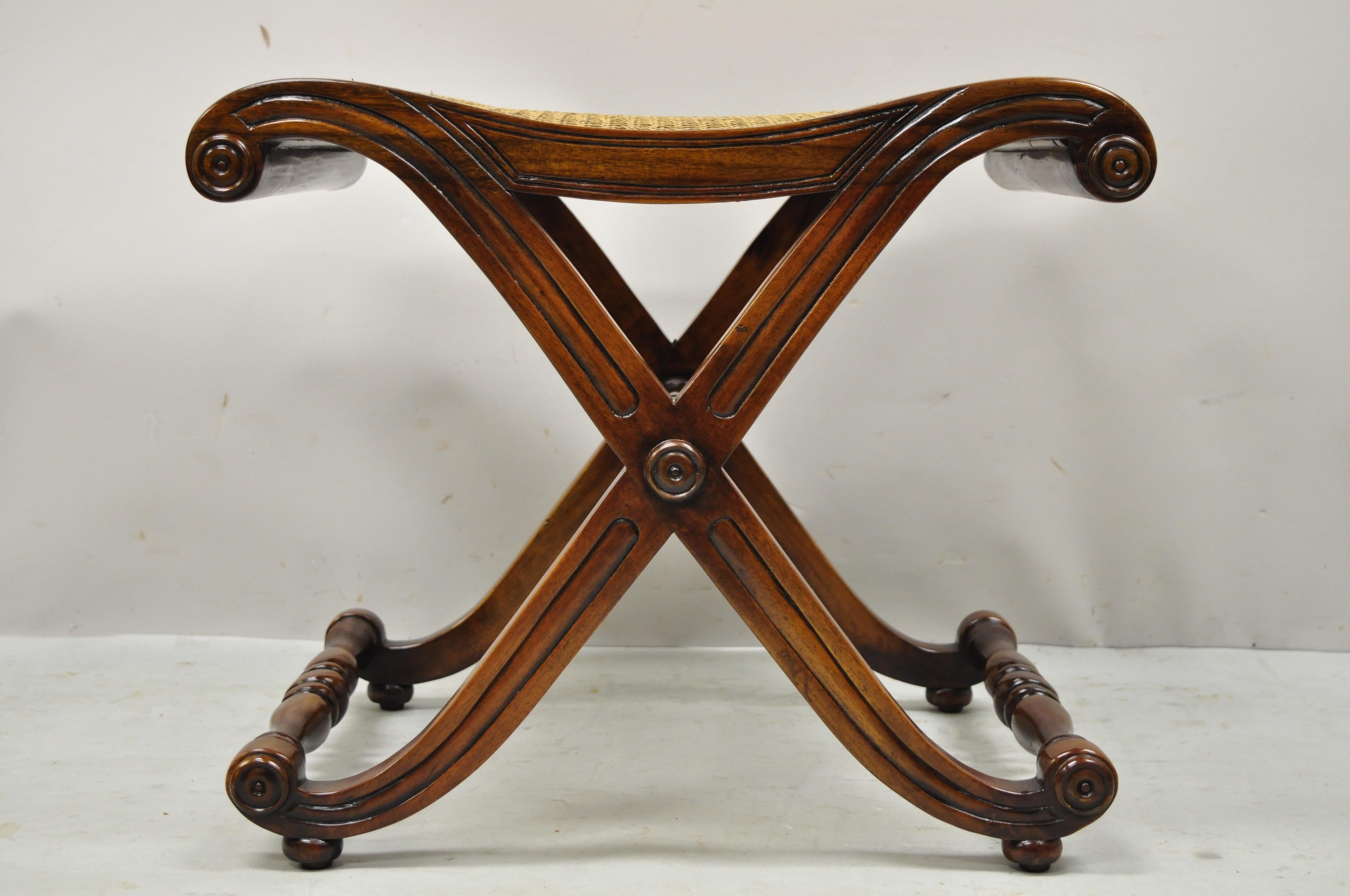 Italian Regency Style Mahogany Cane Curule X-Frame Stools with Cushions, a Pair In Good Condition In Philadelphia, PA