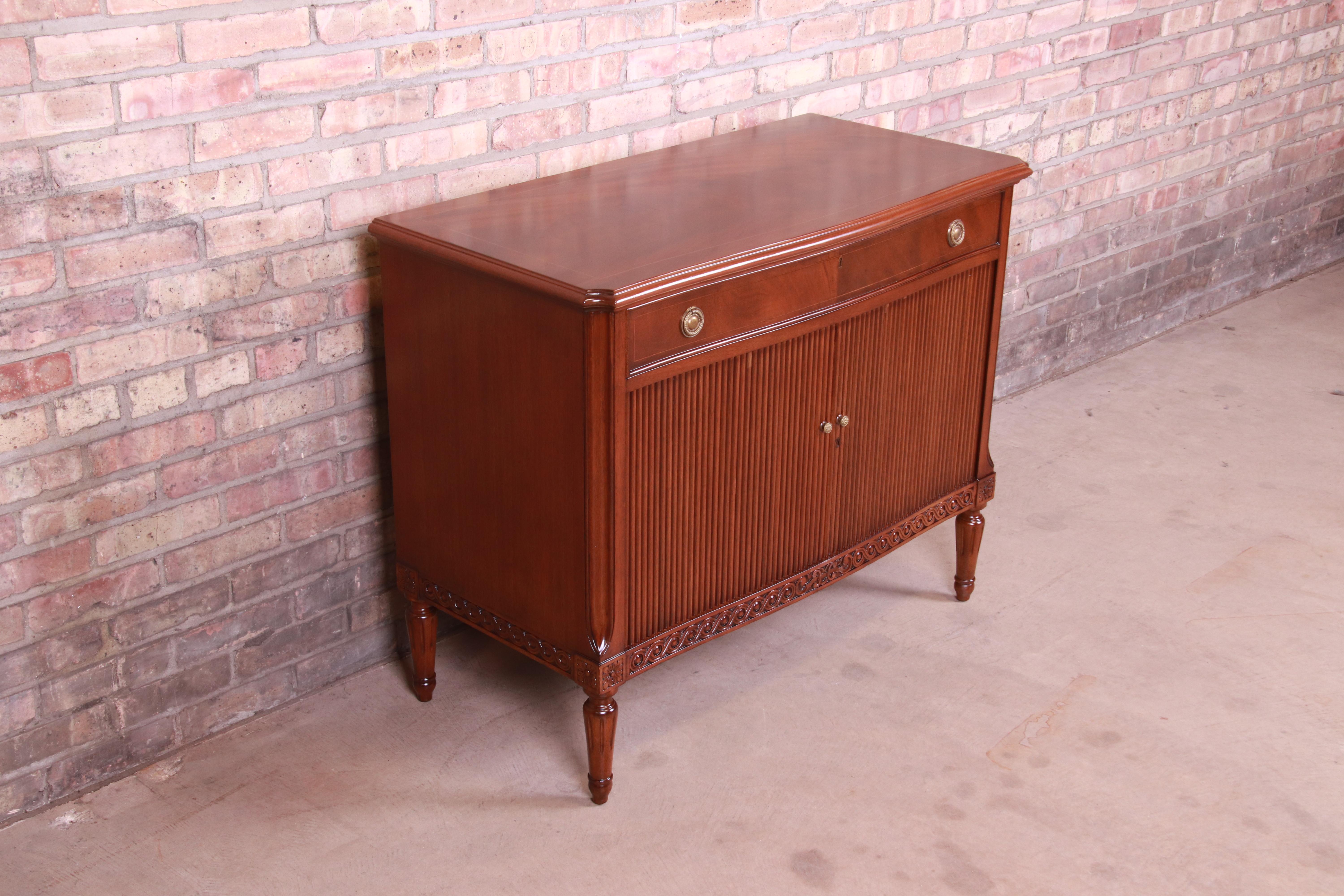 Brass Italian Regency Style Mahogany Tambour Door Server or Commode, Newly Refinished