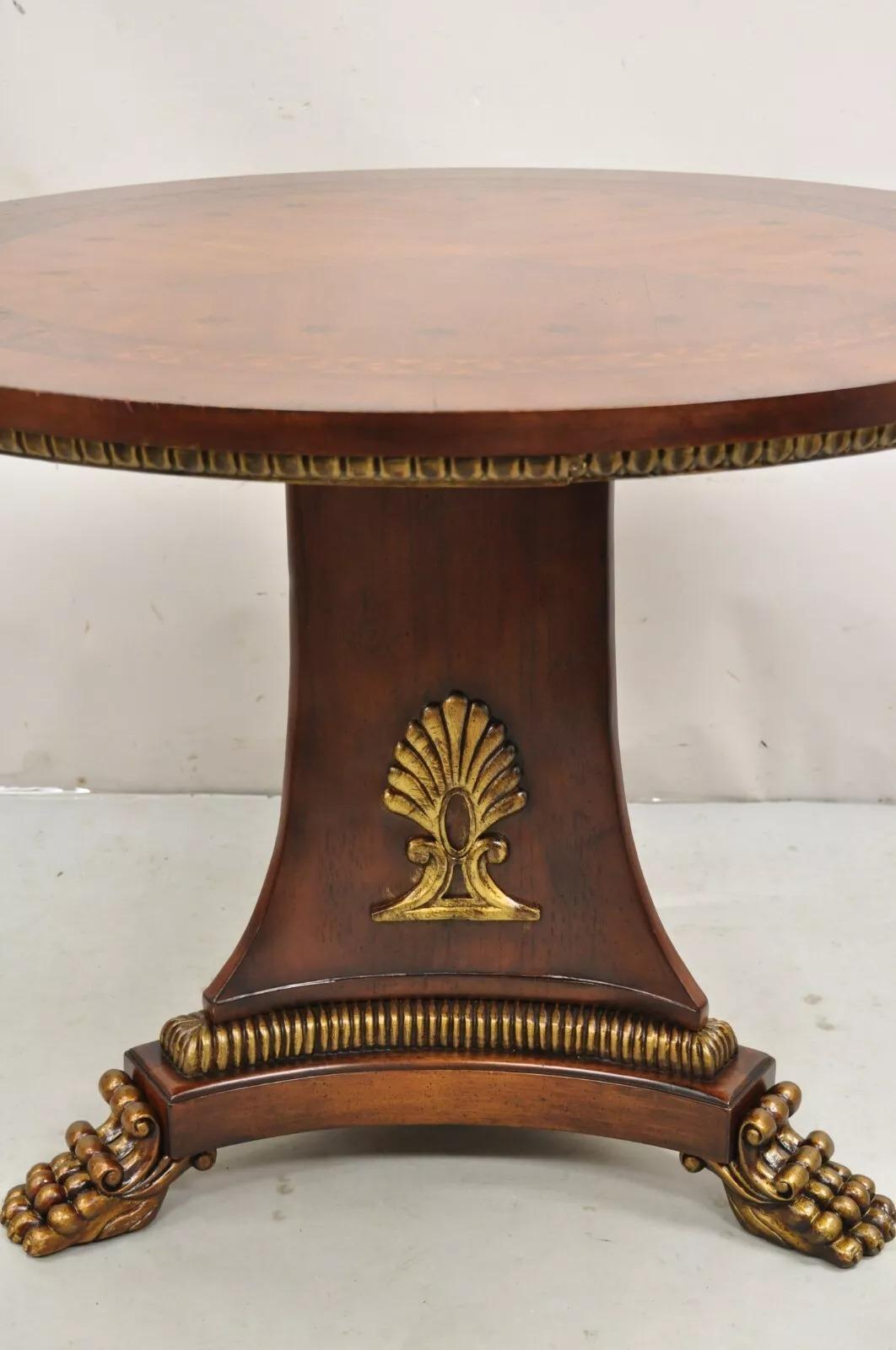 20th Century Italian Regency Style Marquetry Inlay Paw Feet Pedestal Base Round Center Table For Sale