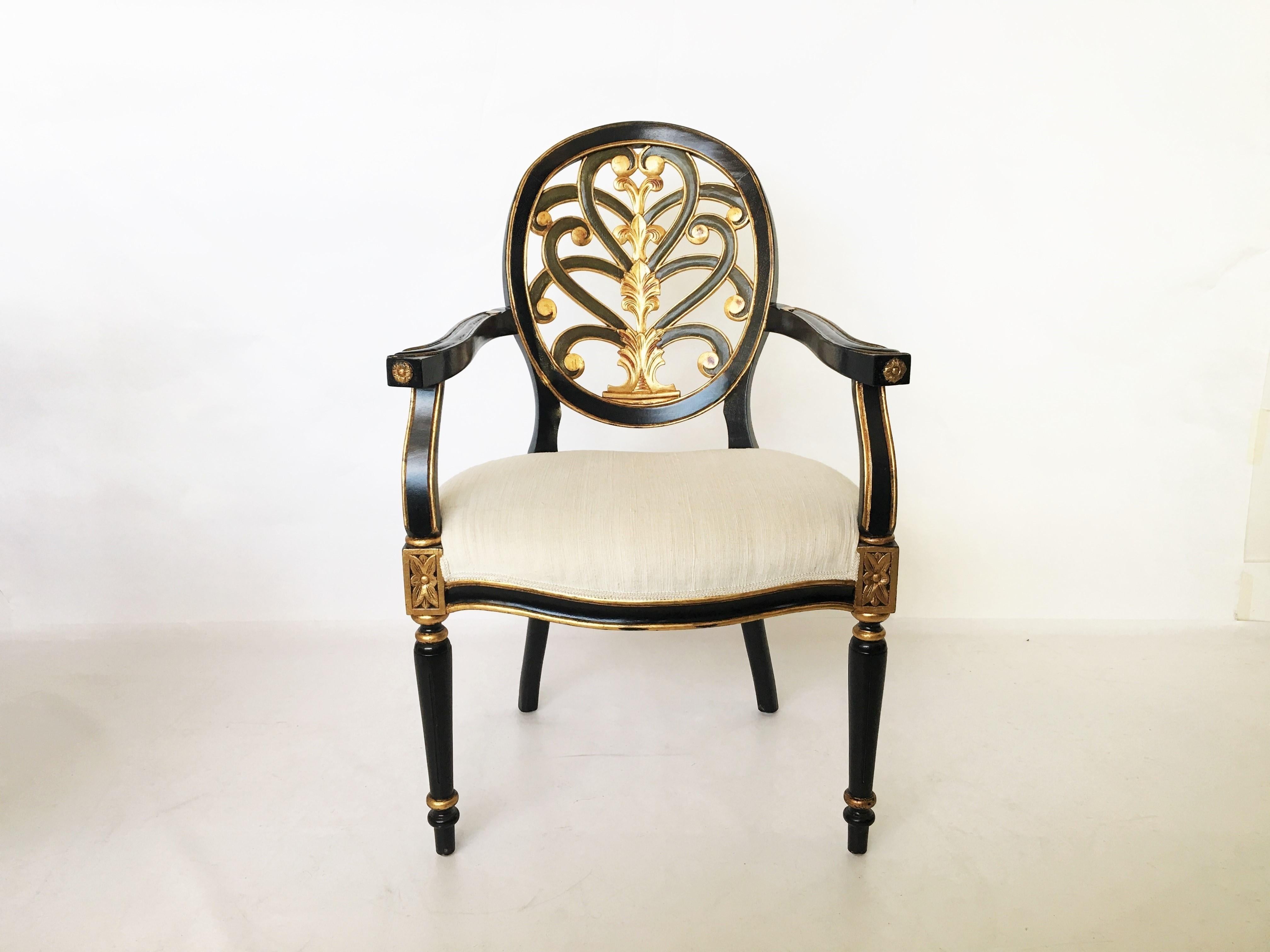 Italian Regency Style Pair of Ebonized Armchairs In Good Condition In Dallas, TX
