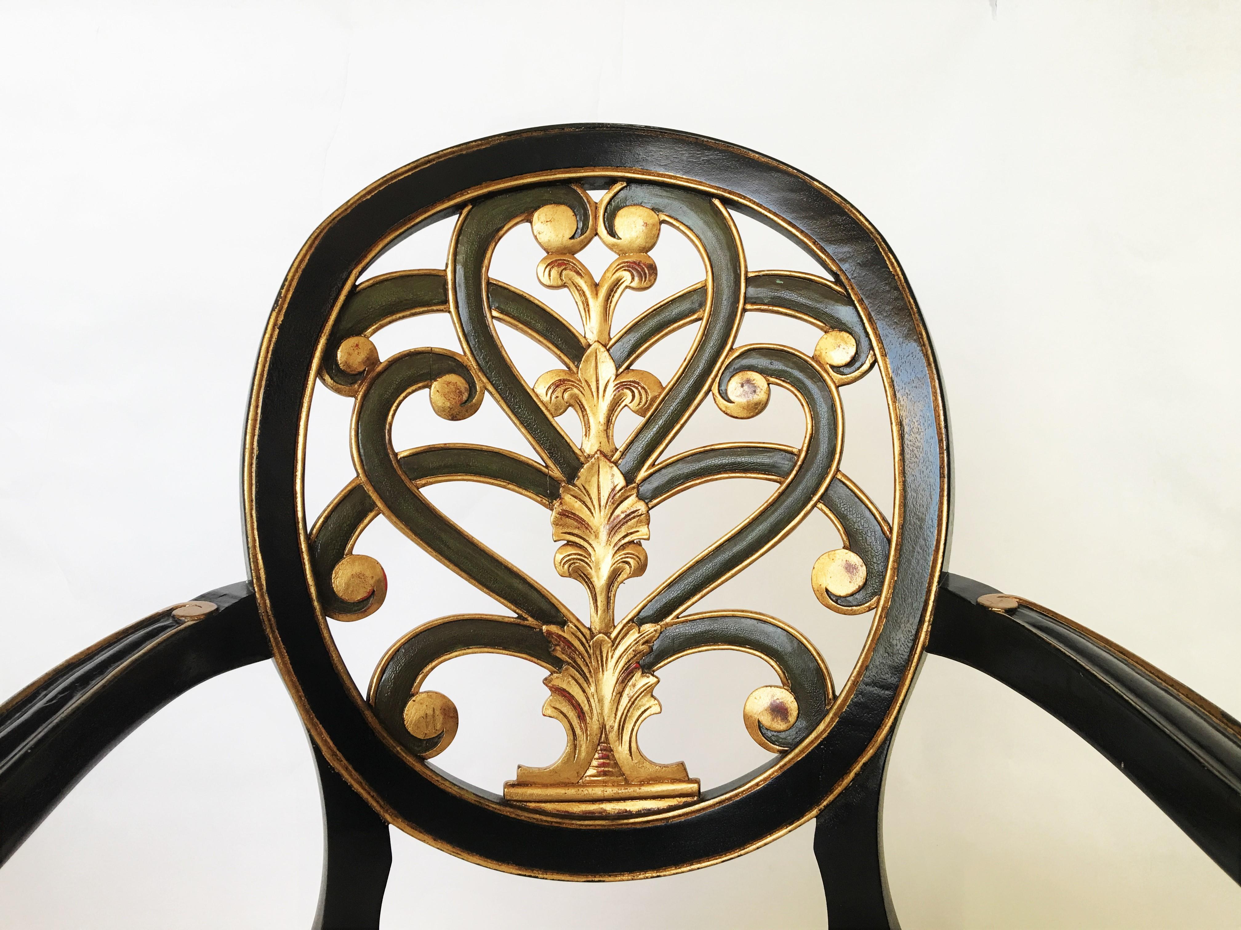 20th Century Italian Regency Style Pair of Ebonized Armchairs