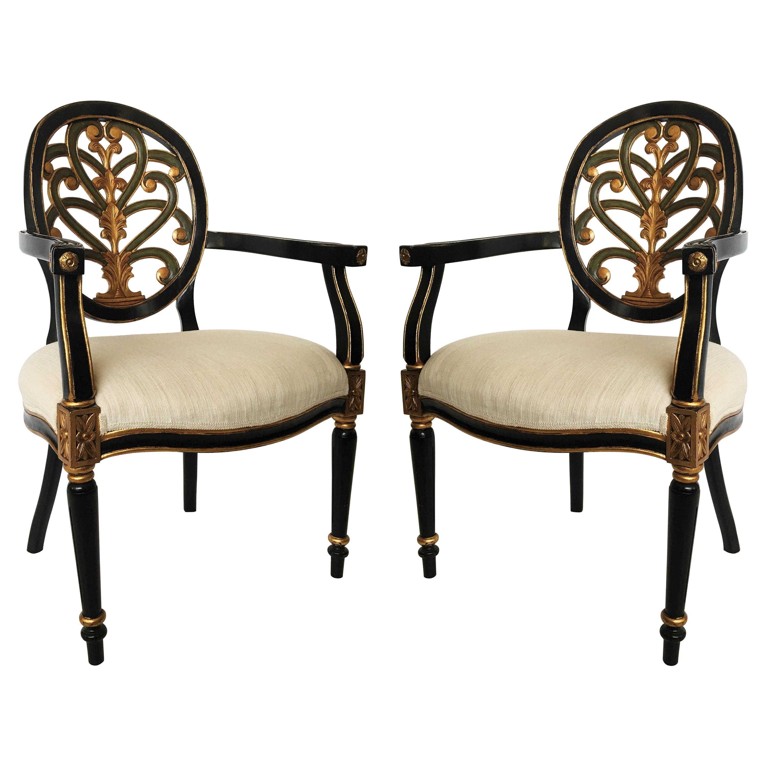 Italian Regency Style Pair of Ebonized Armchairs