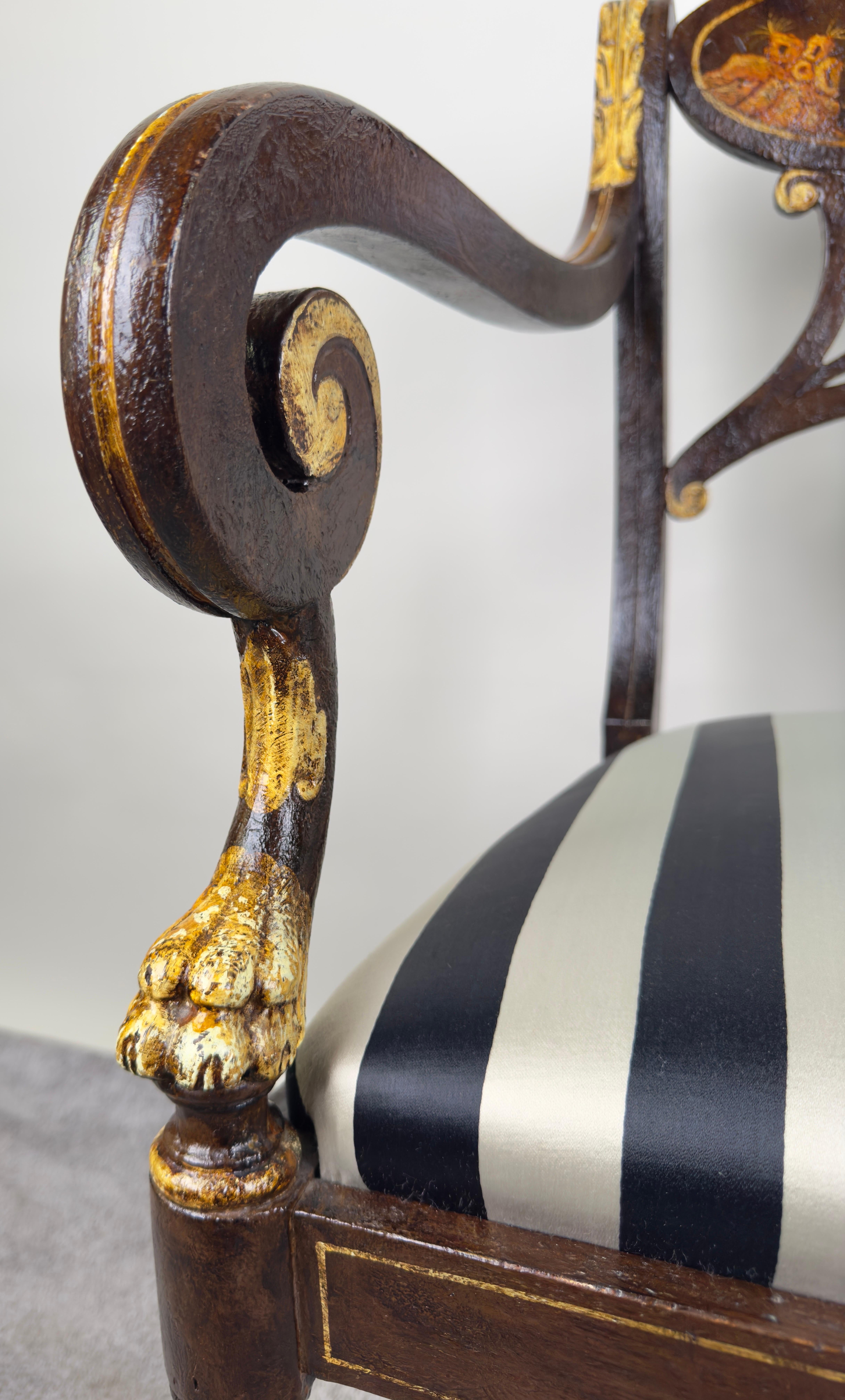 Italian Regency Style Side Chair, Ebonized with Gold Finish & Stripe upholstery 5