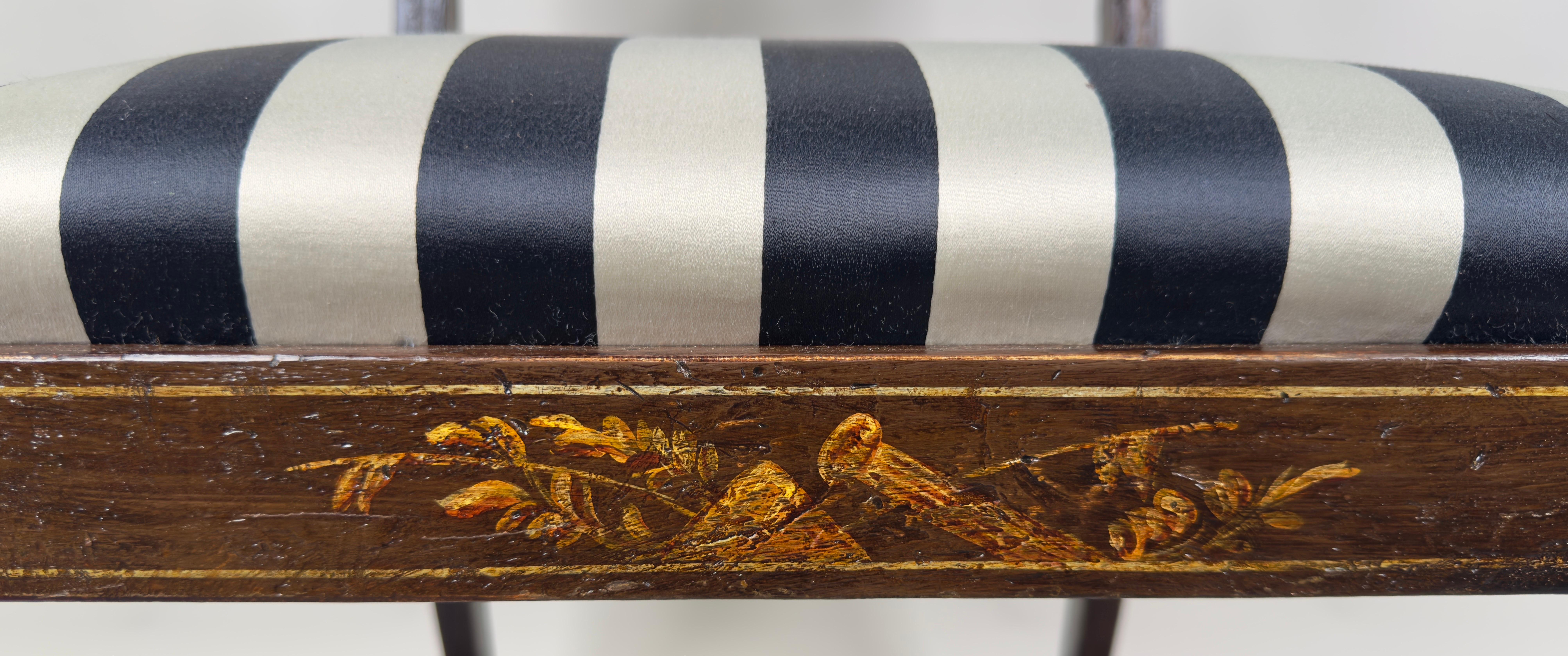 Italian Regency Style Side Chair, Ebonized with Gold Finish & Stripe upholstery 6