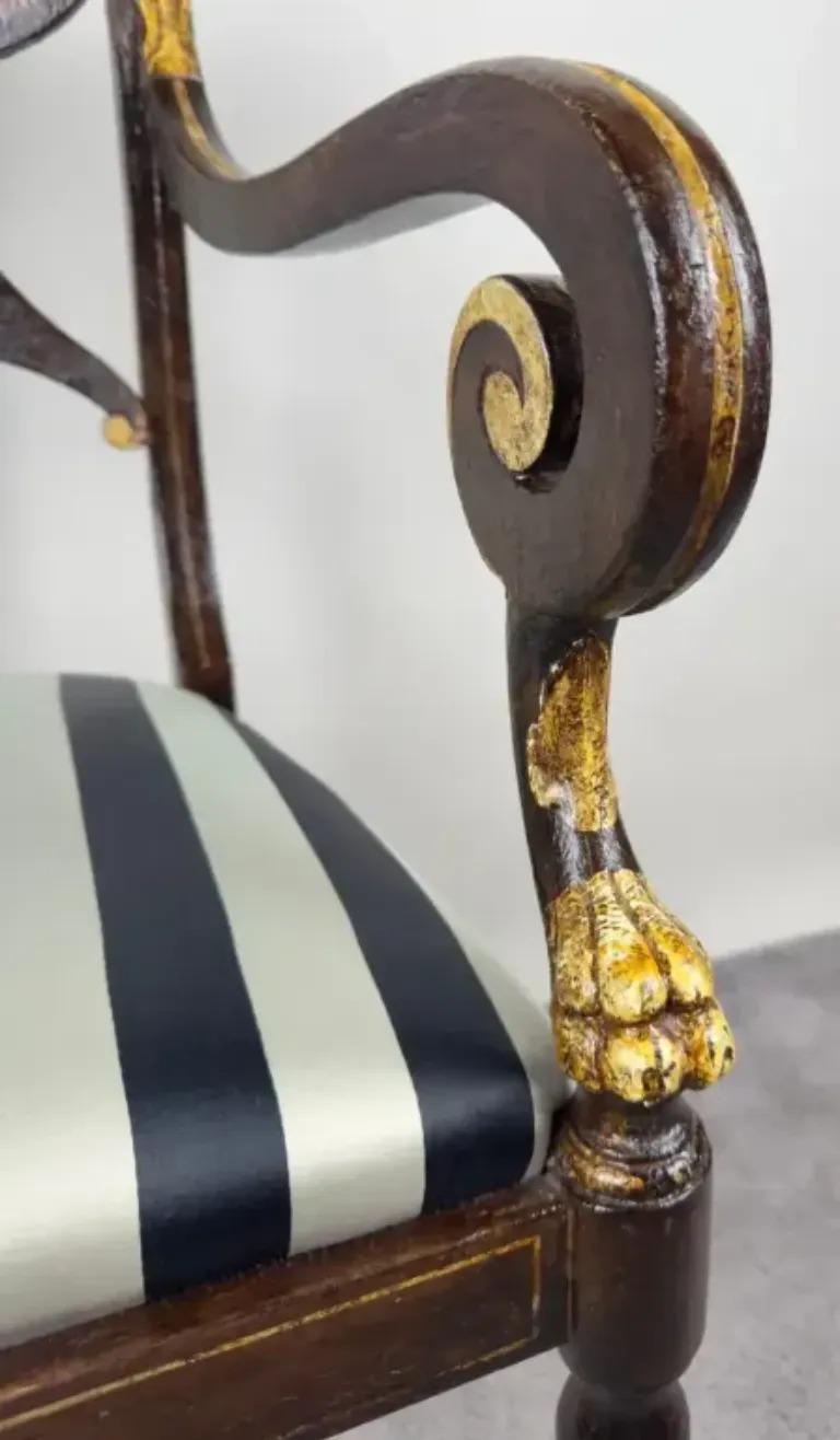 Italian Regency Style Side Chair, Ebonized with Gold Finish & Stripe upholstery For Sale 6