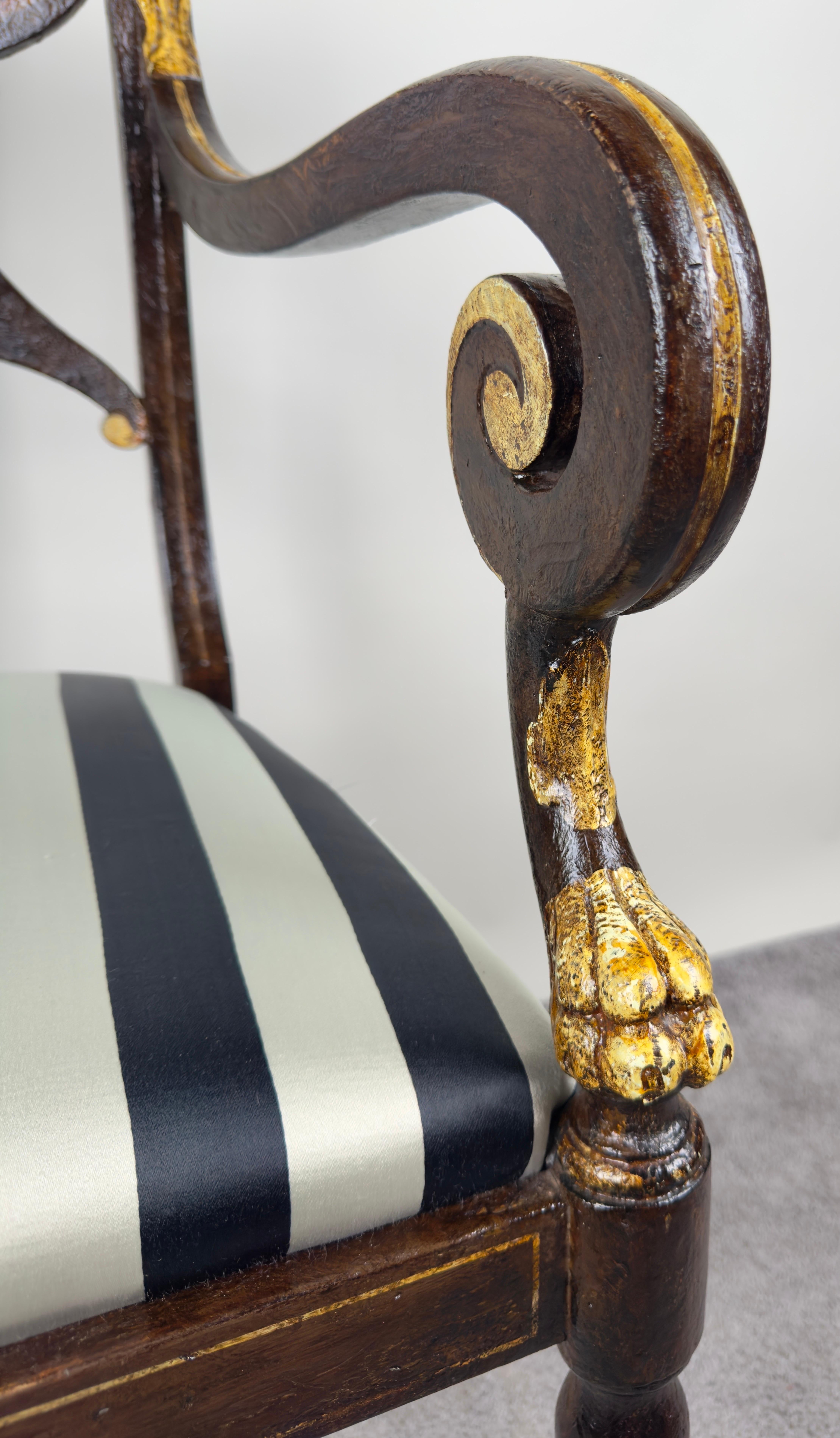 Italian Regency Style Side Chair, Ebonized with Gold Finish & Stripe upholstery 7