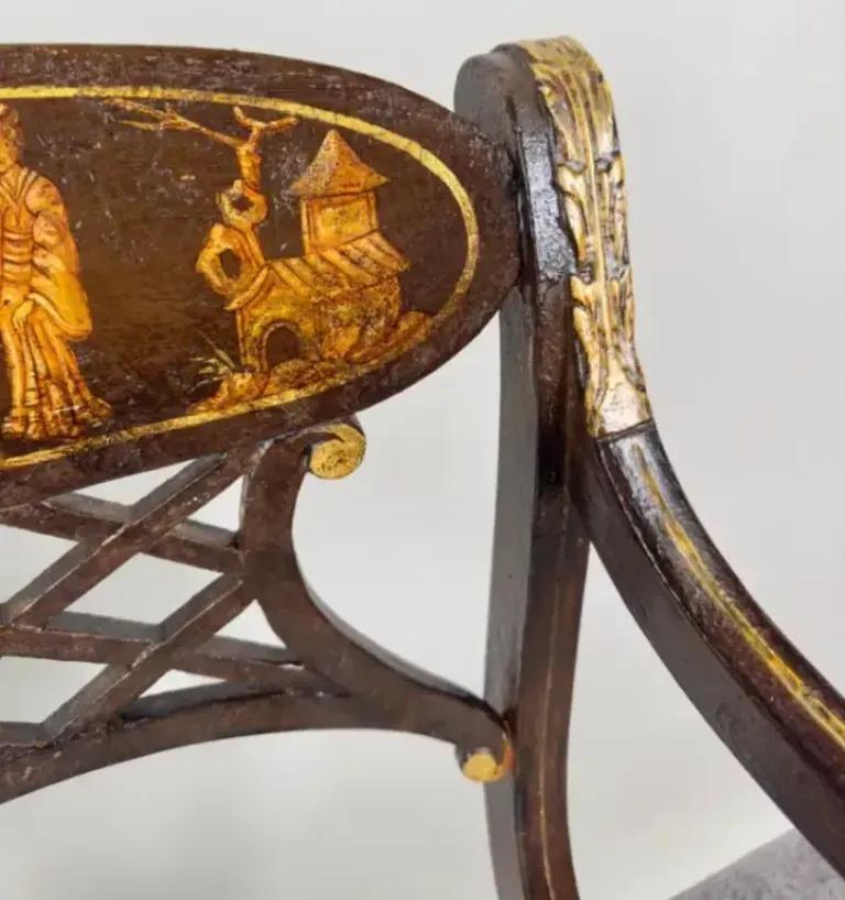 Italian Regency Style Side Chair, Ebonized with Gold Finish & Stripe upholstery For Sale 8