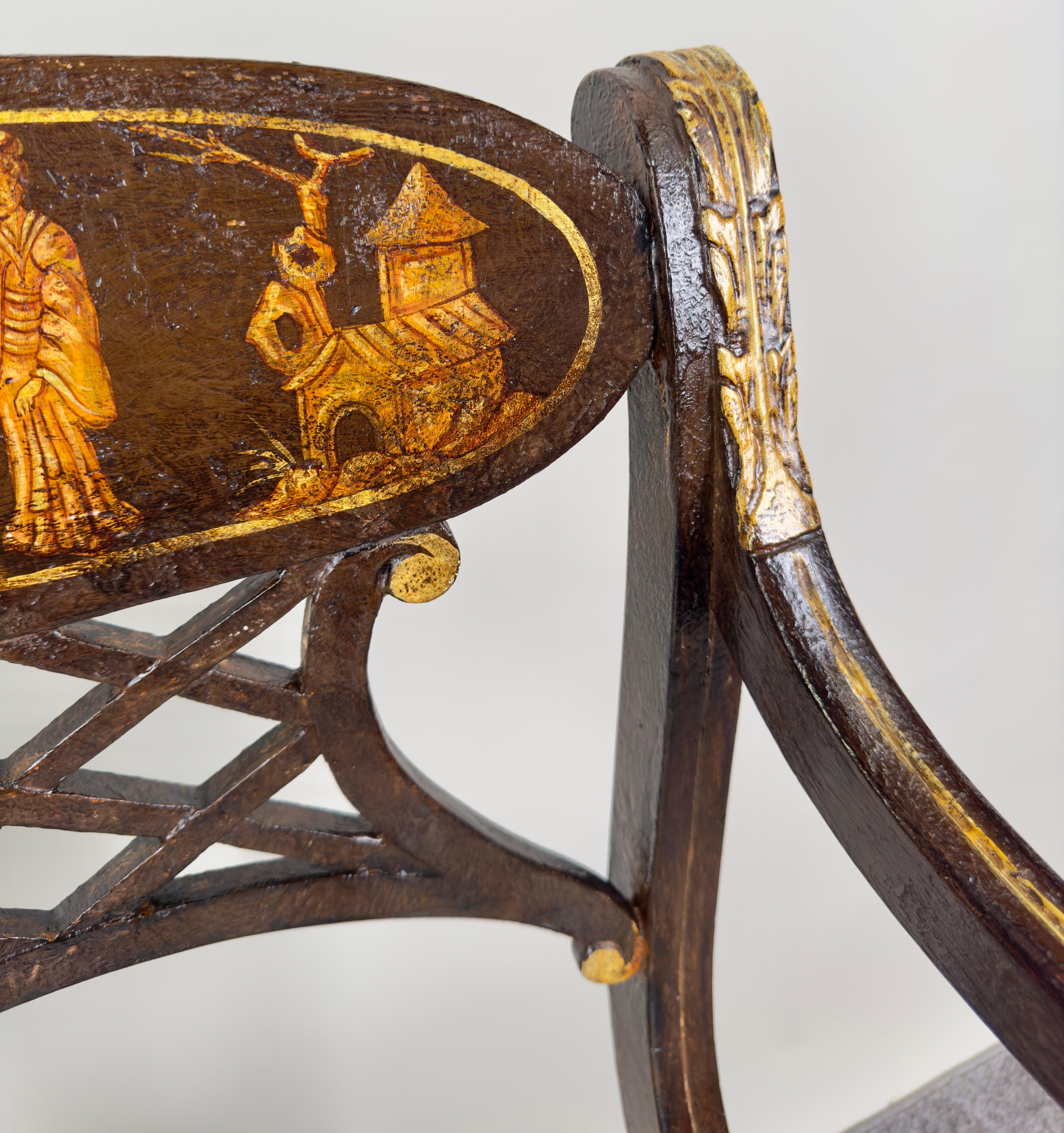 Italian Regency Style Side Chair, Ebonized with Gold Finish & Stripe upholstery 9