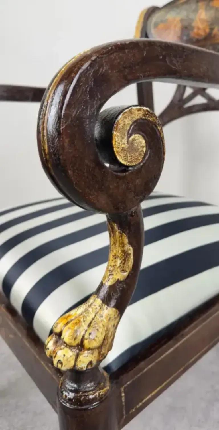 Italian Regency Style Side Chair, Ebonized with Gold Finish & Stripe upholstery For Sale 10