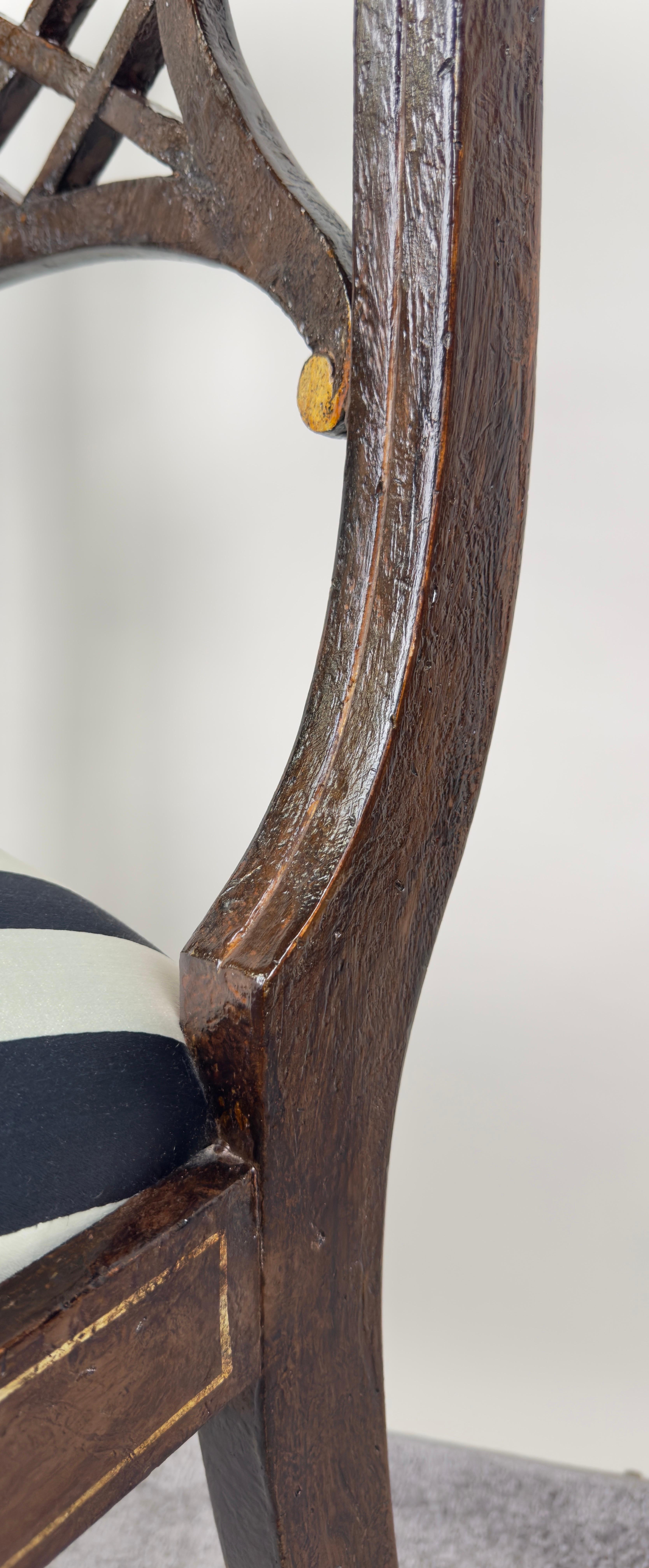 Italian Regency Style Side Chair, Ebonized with Gold Finish & Stripe upholstery 12