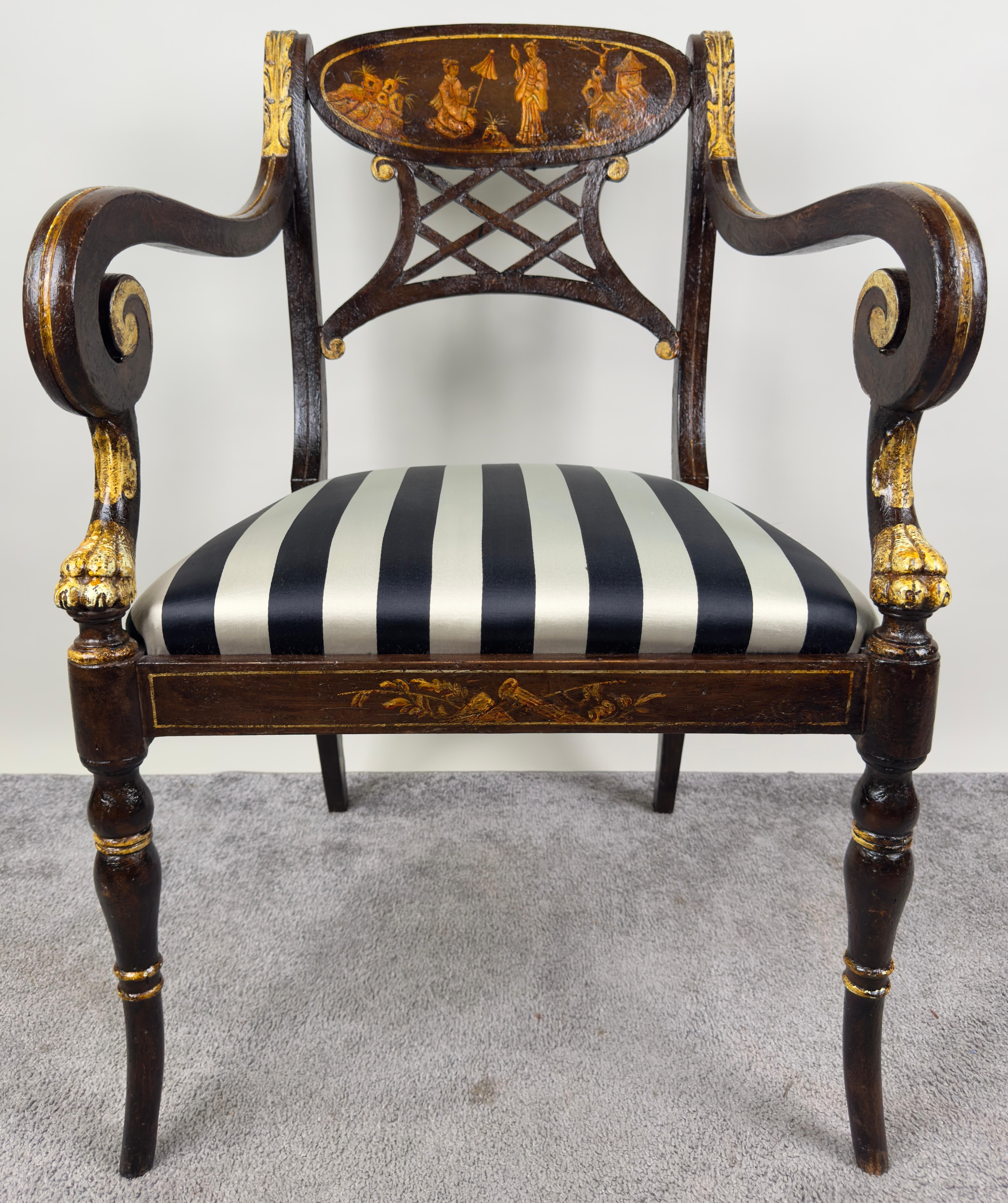 Hand-Carved Italian Regency Style Side Chair, Ebonized with Gold Finish & Stripe upholstery