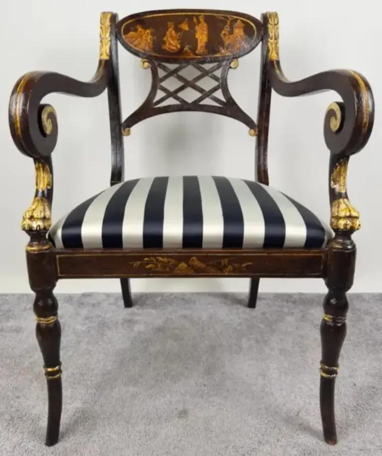 Hand-Carved Italian Regency Style Side Chair, Ebonized with Gold Finish & Stripe upholstery For Sale