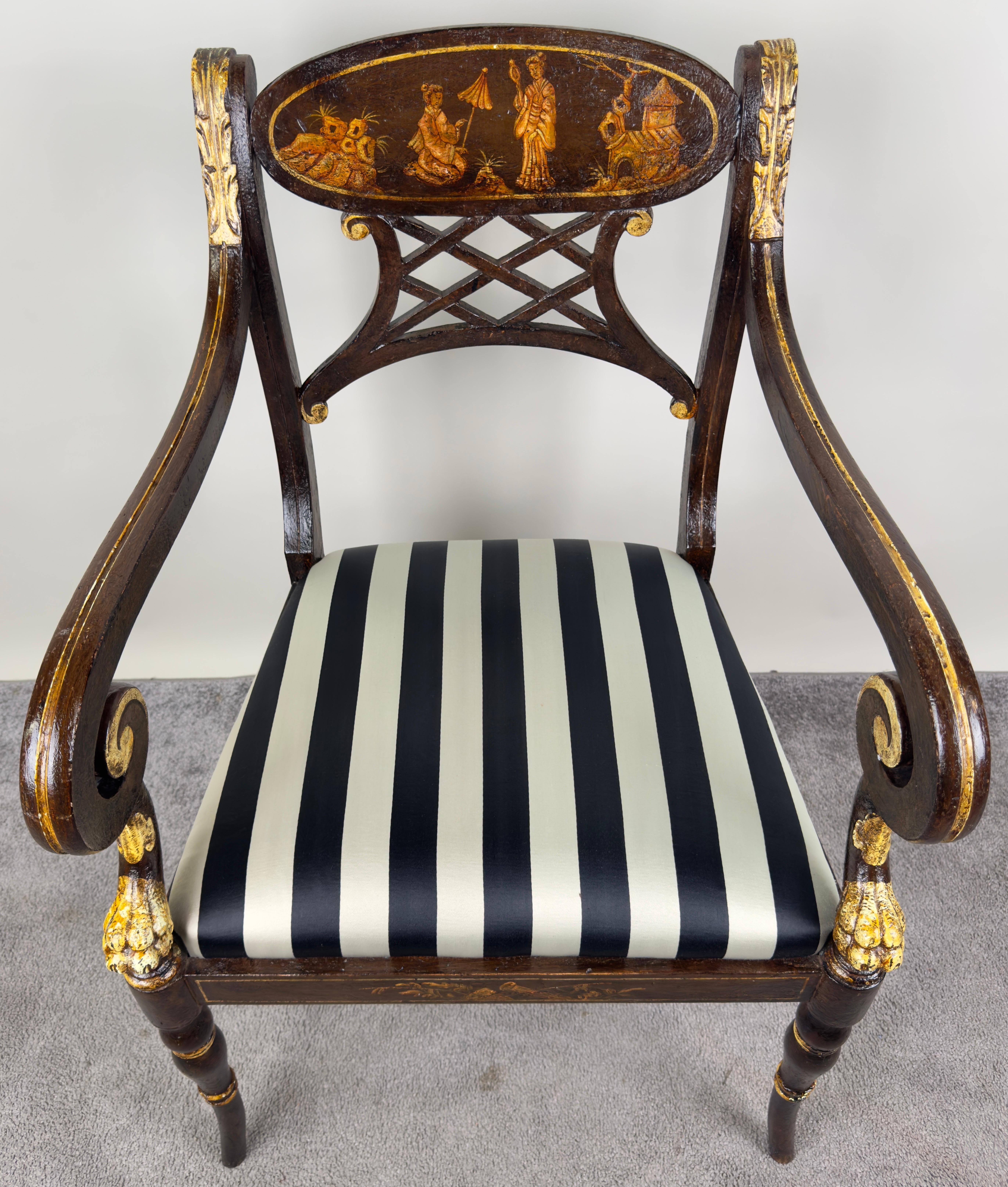 Italian Regency Style Side Chair, Ebonized with Gold Finish & Stripe upholstery In Good Condition In Plainview, NY