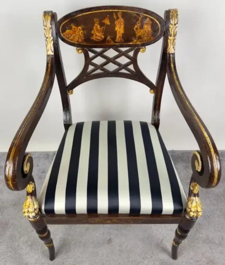 Italian Regency Style Side Chair, Ebonized with Gold Finish & Stripe upholstery In Good Condition For Sale In Plainview, NY
