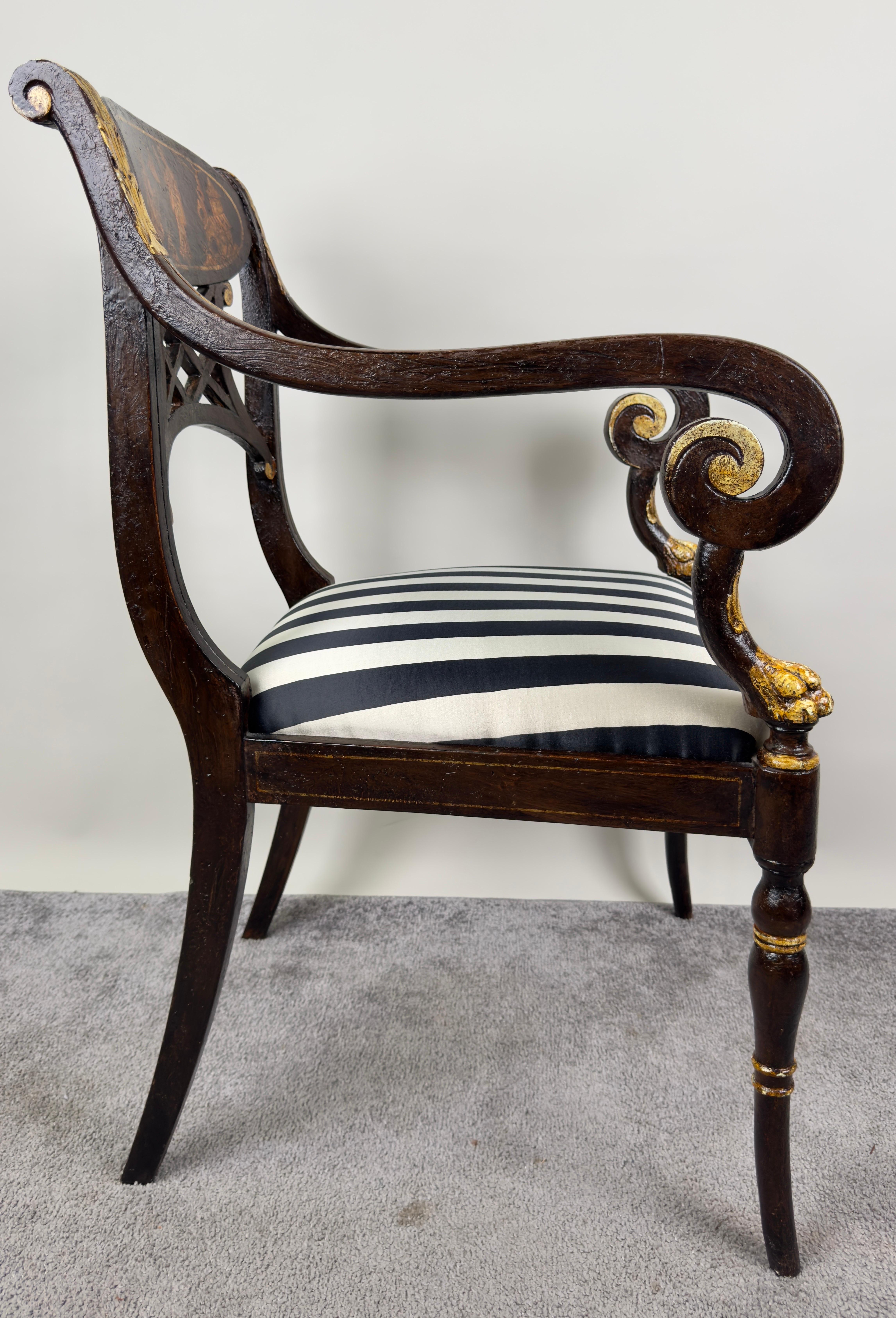 20th Century Italian Regency Style Side Chair, Ebonized with Gold Finish & Stripe upholstery