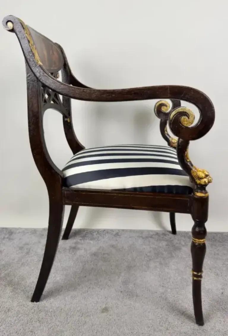 20th Century Italian Regency Style Side Chair, Ebonized with Gold Finish & Stripe upholstery For Sale