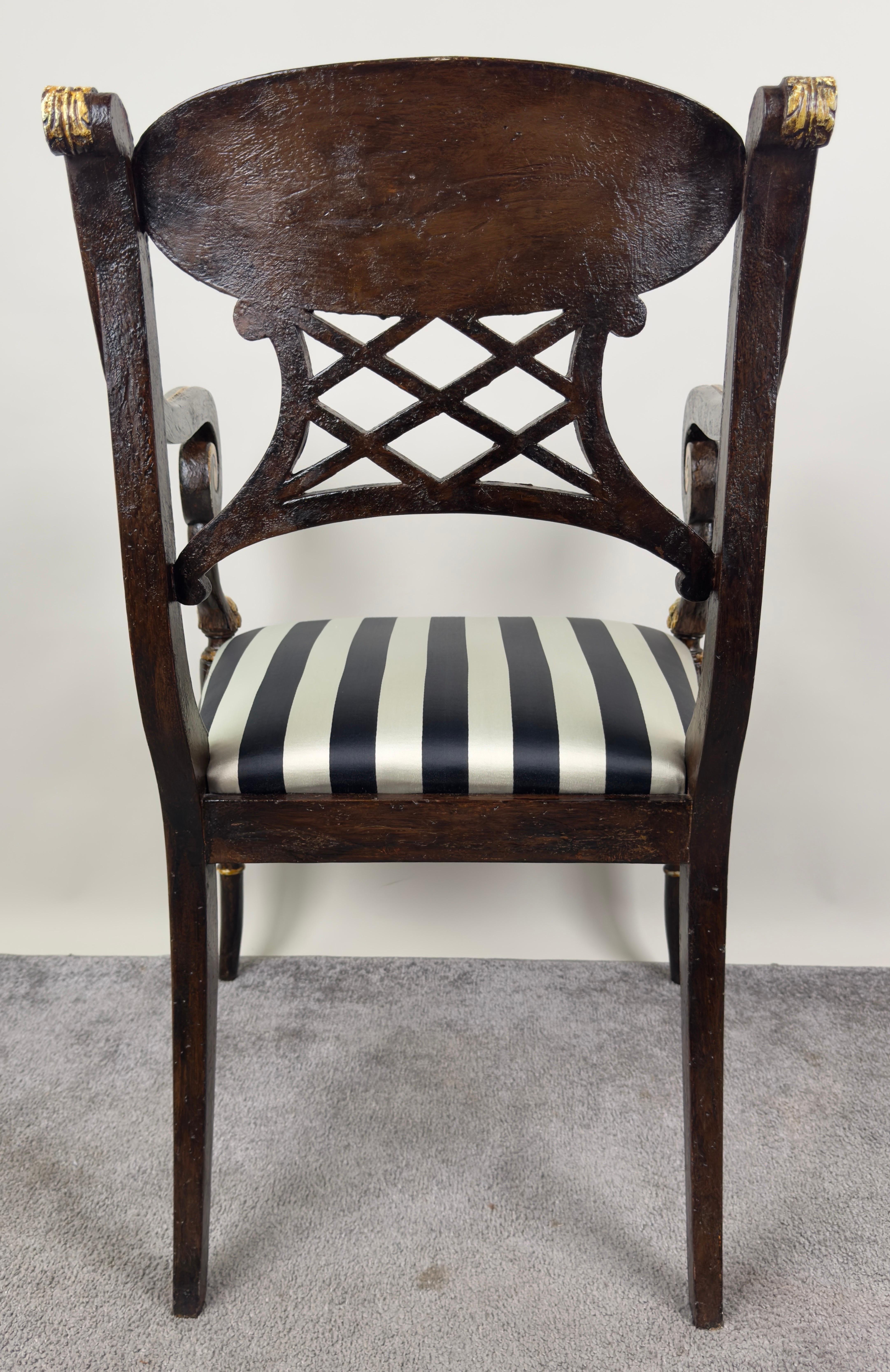 Upholstery Italian Regency Style Side Chair, Ebonized with Gold Finish & Stripe upholstery