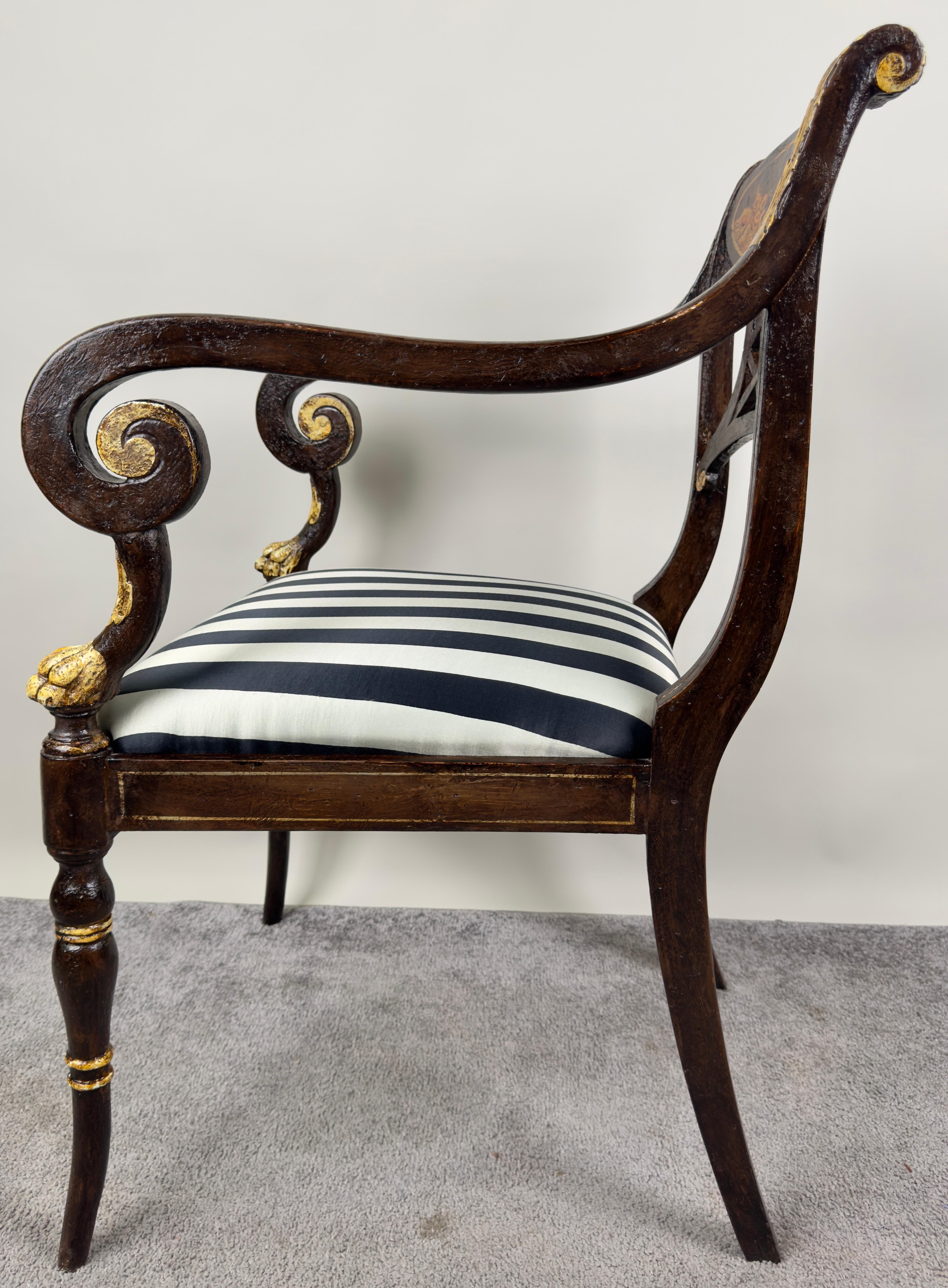 Italian Regency Style Side Chair, Ebonized with Gold Finish & Stripe upholstery 1