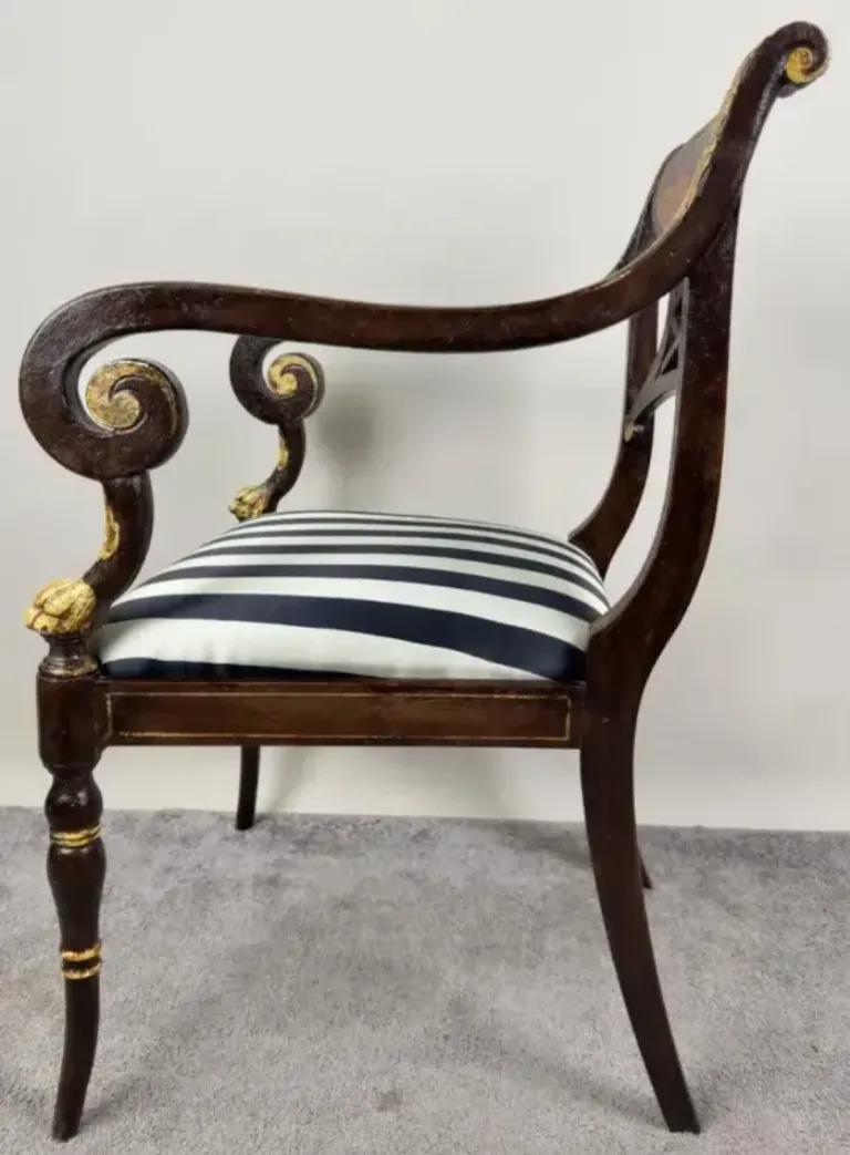 Italian Regency Style Side Chair, Ebonized with Gold Finish & Stripe upholstery For Sale 1