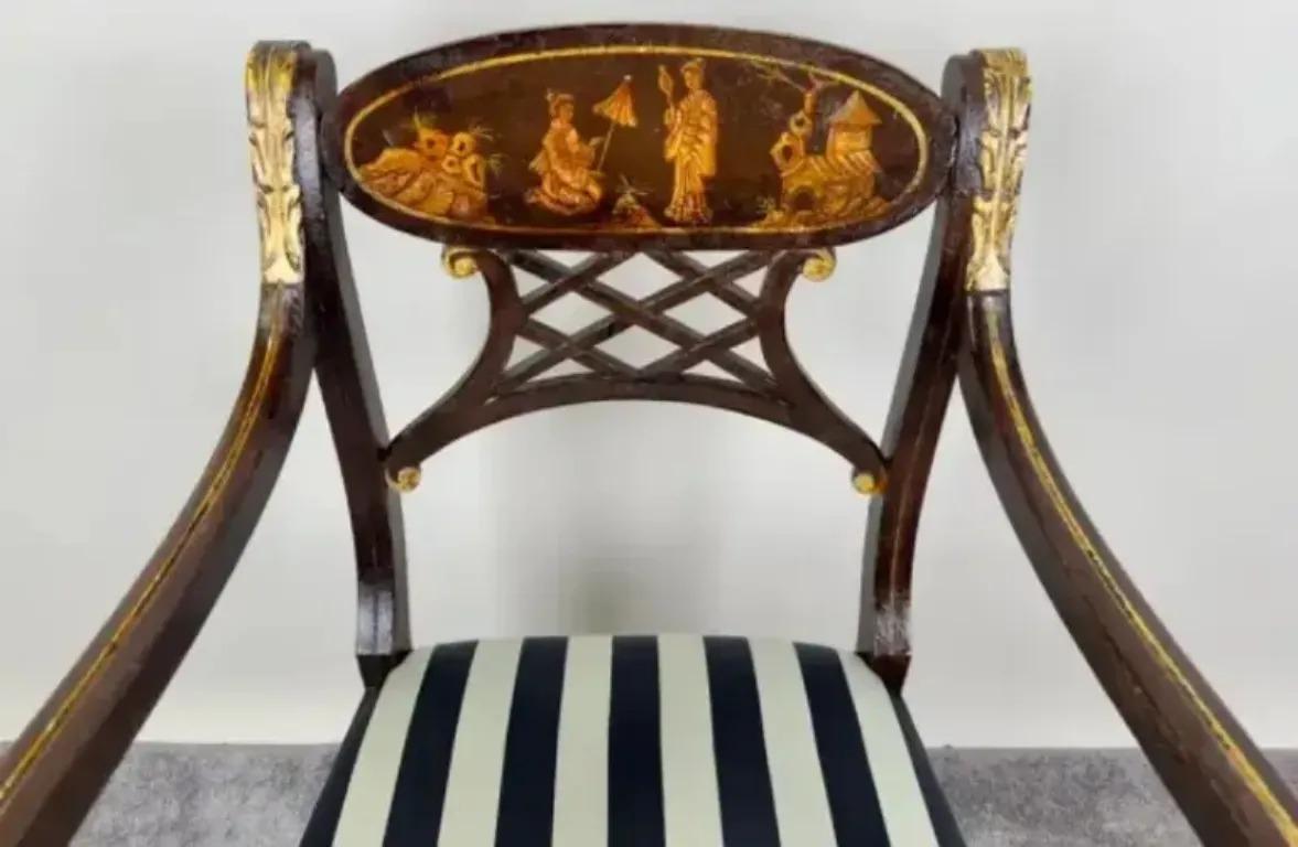 Italian Regency Style Side Chair, Ebonized with Gold Finish & Stripe upholstery For Sale 2