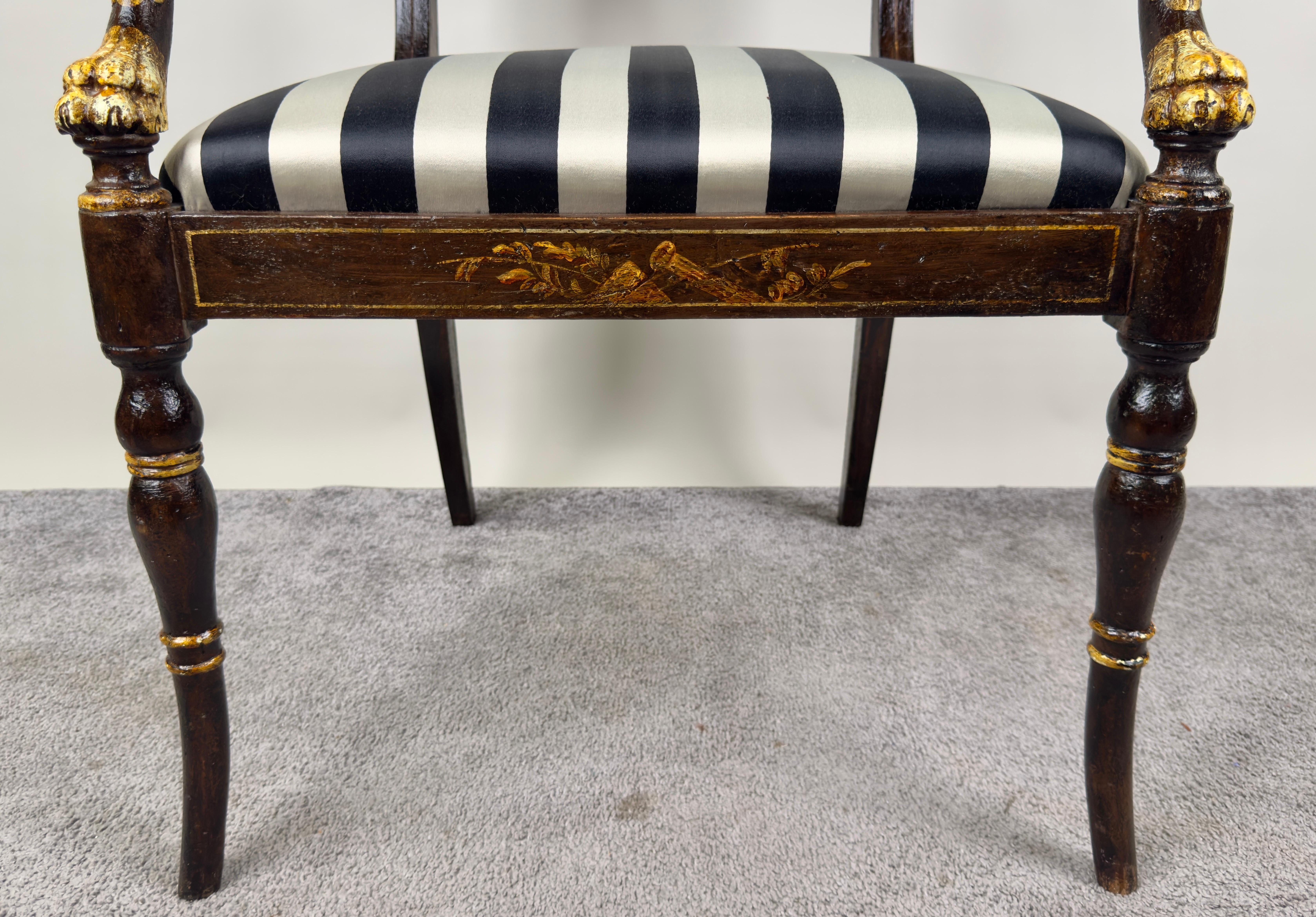 Italian Regency Style Side Chair, Ebonized with Gold Finish & Stripe upholstery 3