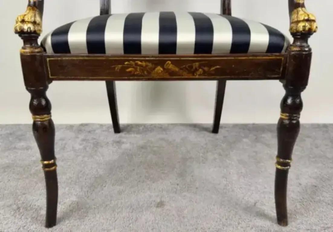 Italian Regency Style Side Chair, Ebonized with Gold Finish & Stripe upholstery For Sale 3