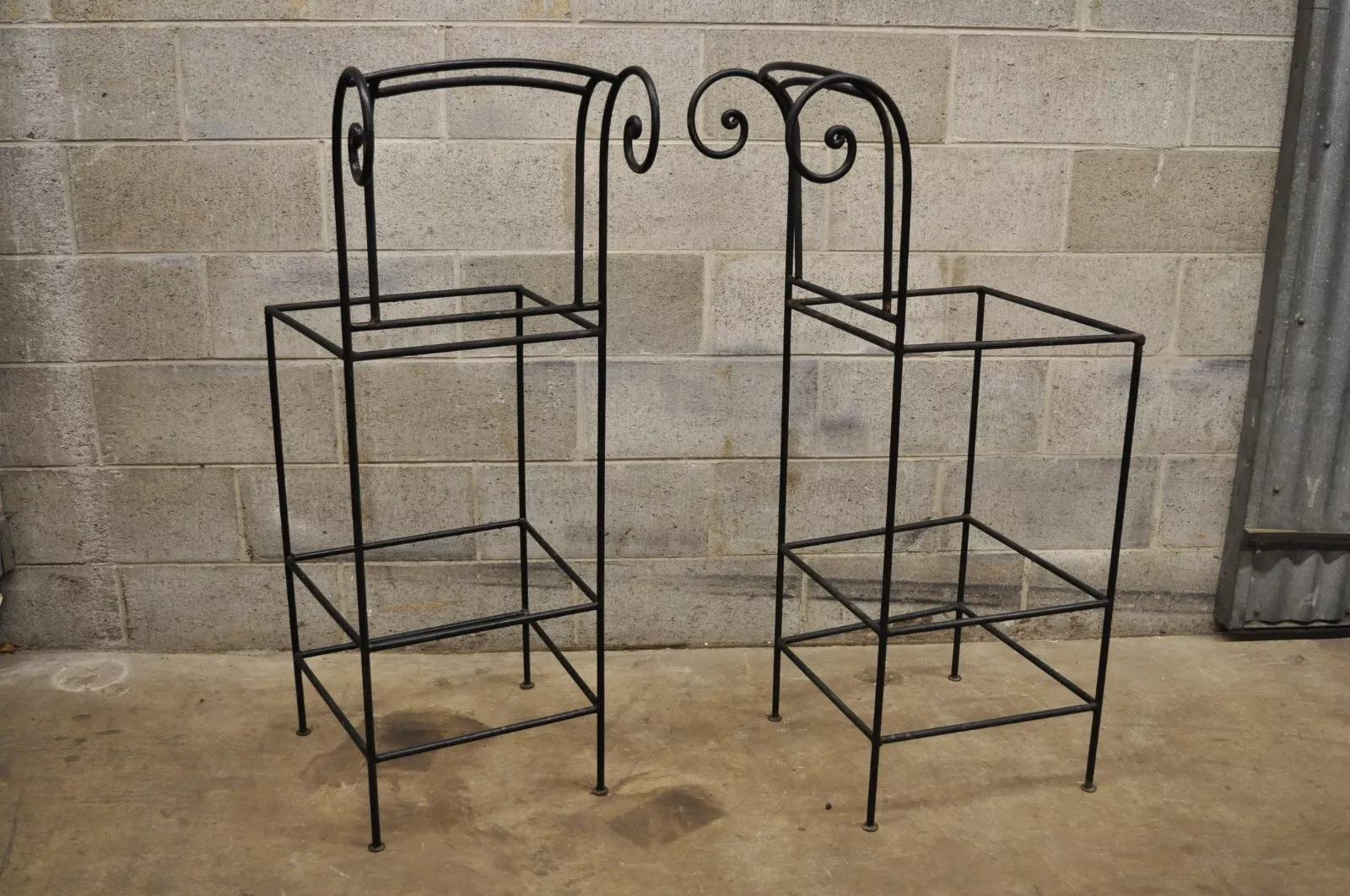 Italian Regency Style Wrought Iron Curule Frame Barstools Chairs - a Pair. Item features scrolling backs, wrought iron construction, quality craftsmanship, great style and form. Circa Late 20th Century. Measurements: 45
